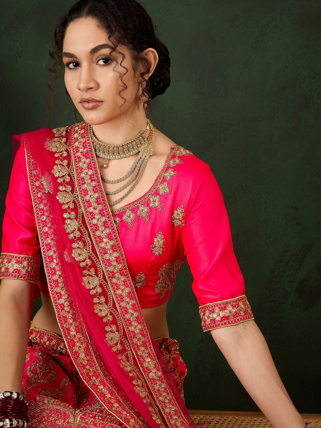 Suha Women's Pink Silk Embroidered Flared Lehenga Choli
