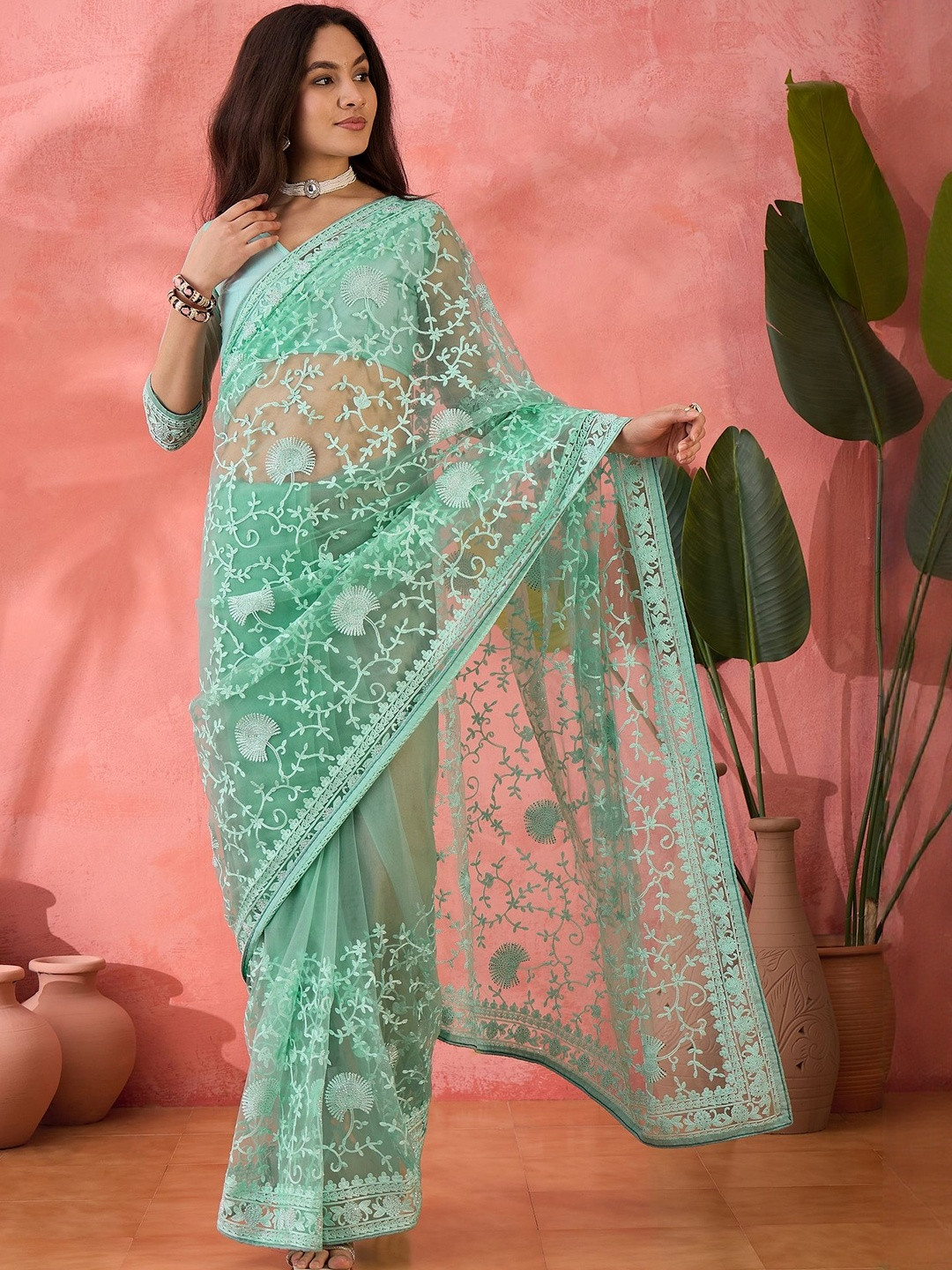 Desi Fusion Women Woven Design Embroidered Net Saree With An Unstitched Blouse Piece