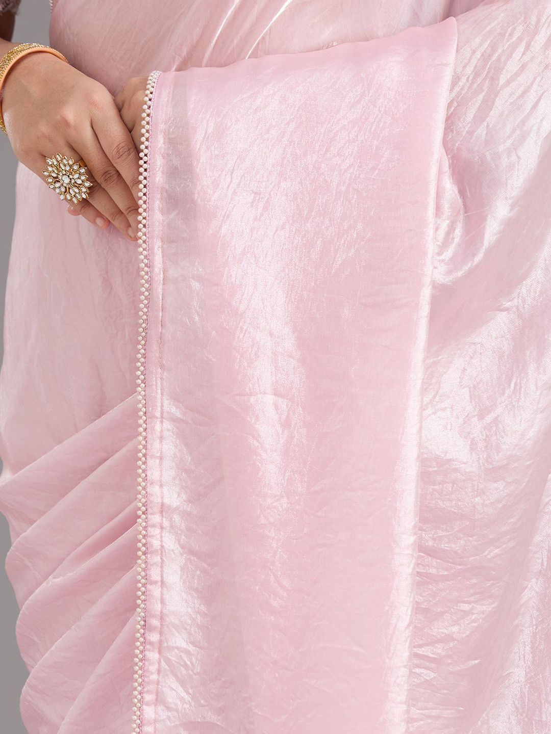 Koskii Baby Pink Pearlwork Tissue Saree