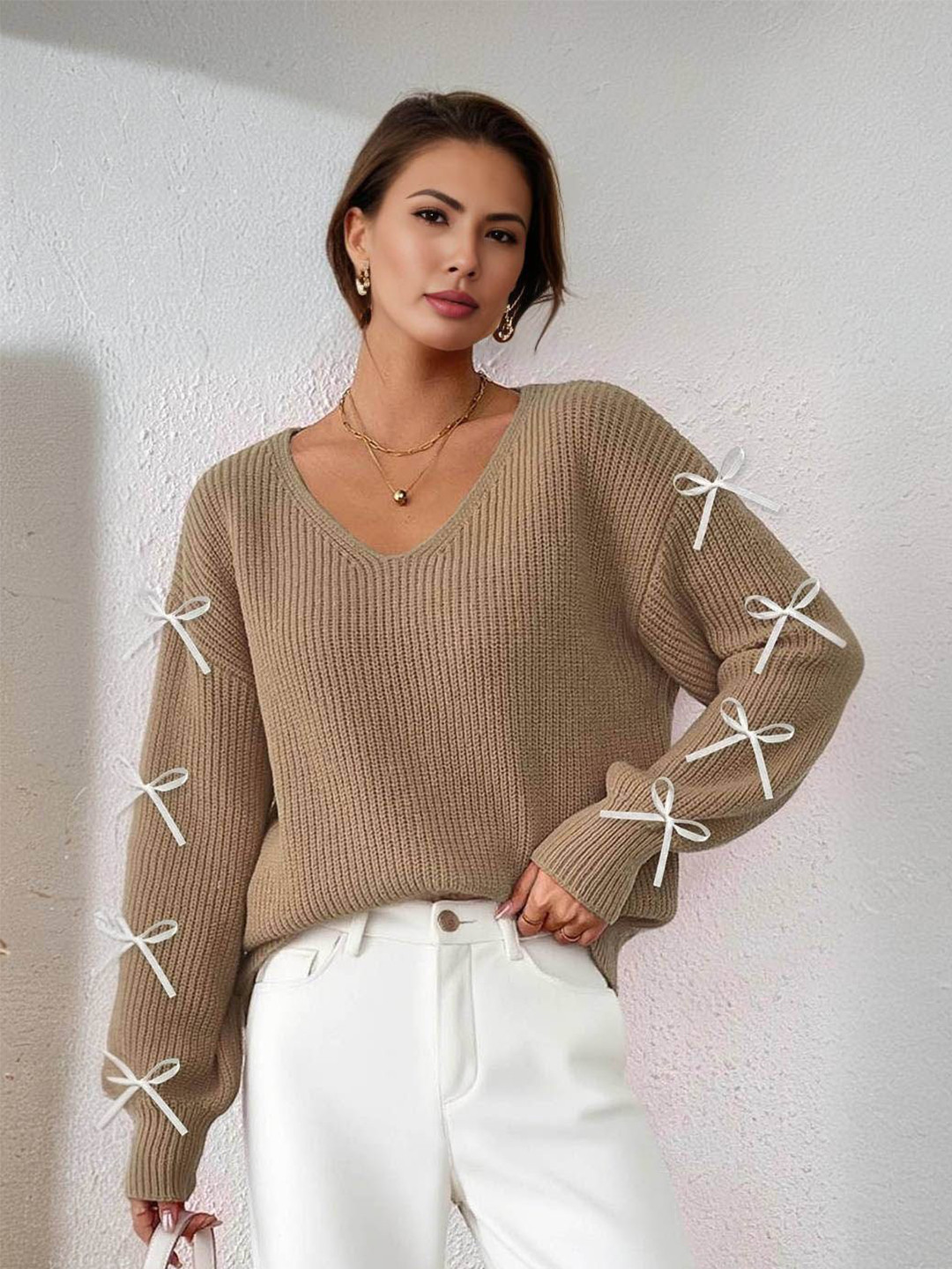 Mast & Harbour Women Striped V-Neck Long Sleeves Pullover Sweaters With Bows