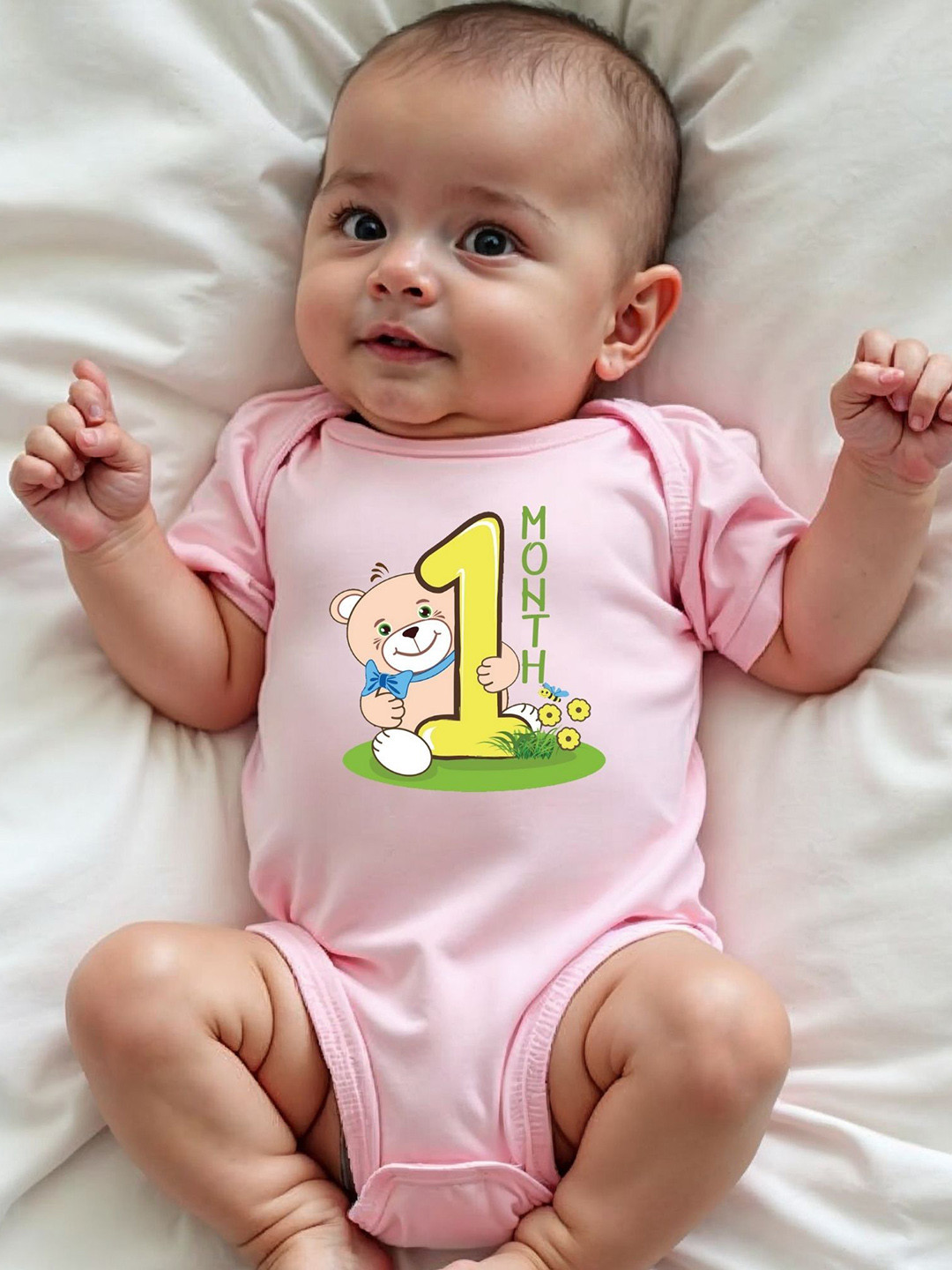 KNITROOT Kids One Month Bear Printed Cotton Envelope Neck Bodysuit