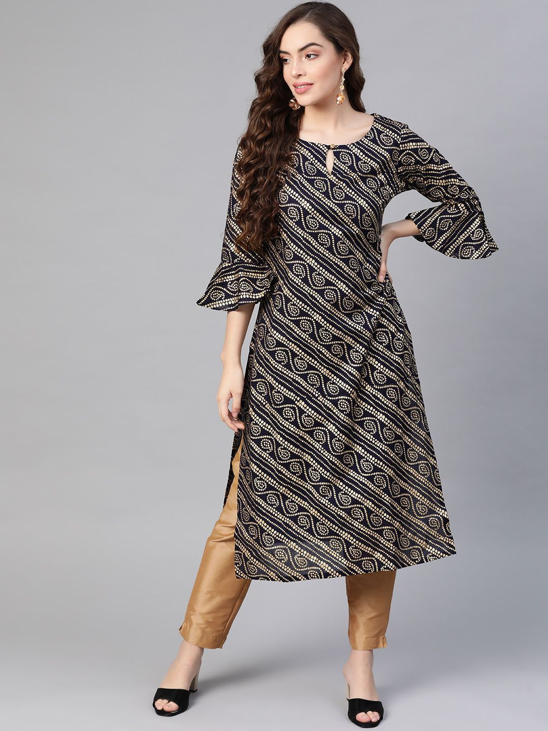 Chandbaali Women Bandhani  Thread Work Block Print Anarkali Kurta