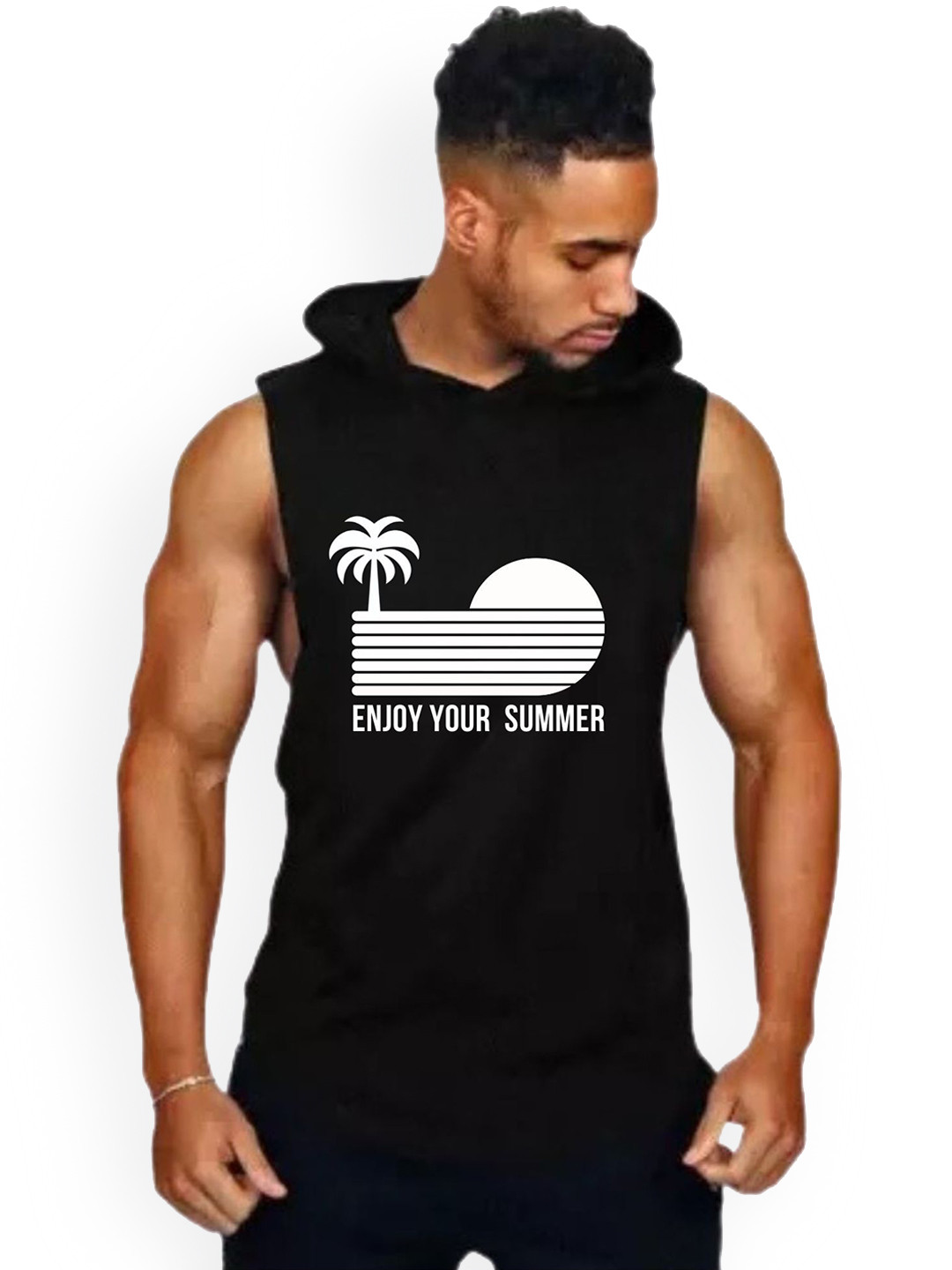 Fashnobic Men Enjoy Your Summer Printed Hooded Neck Sleeveless Gym Vest