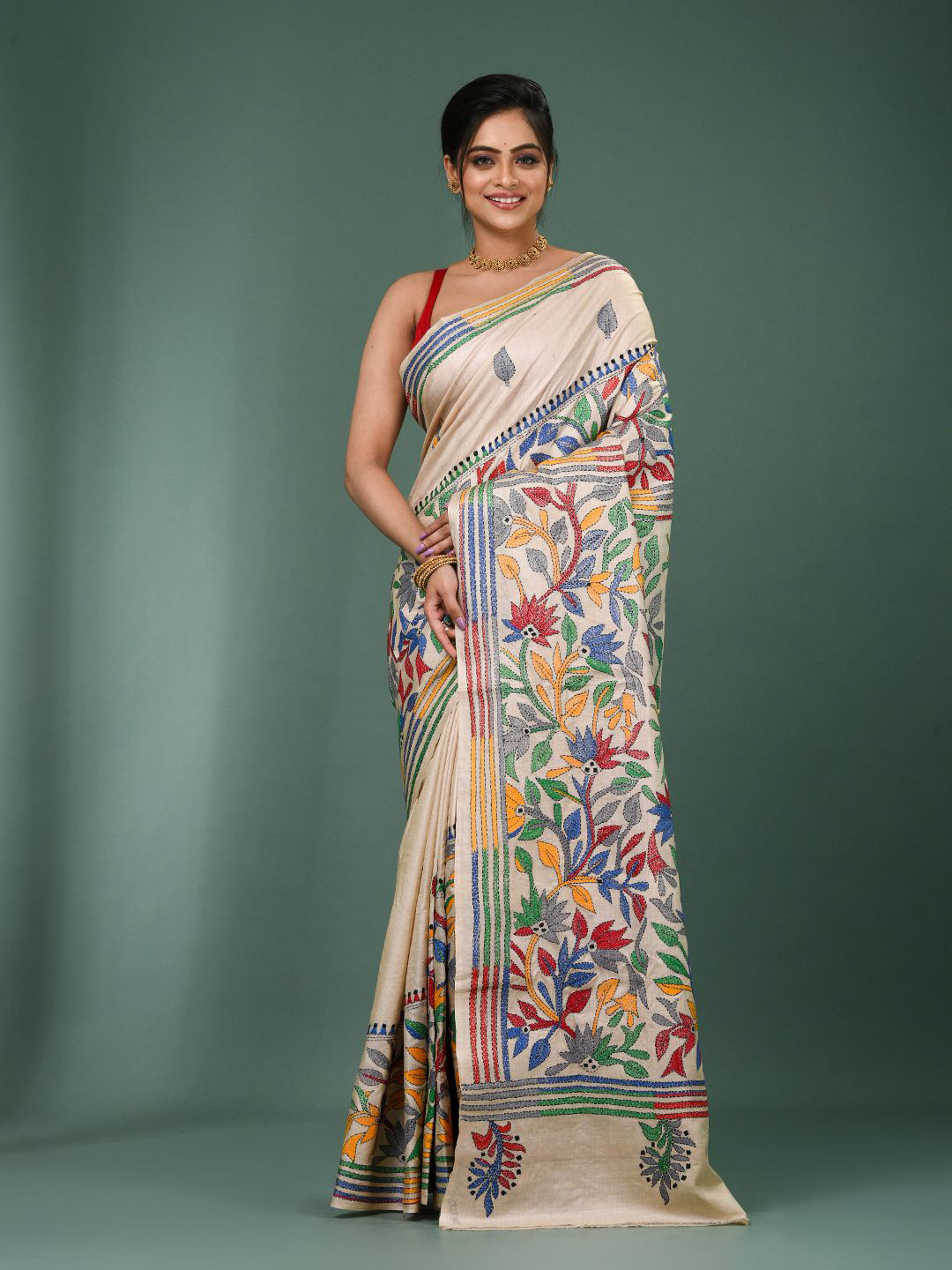 PUKU Floral Kantha Work Heavy Work Saree