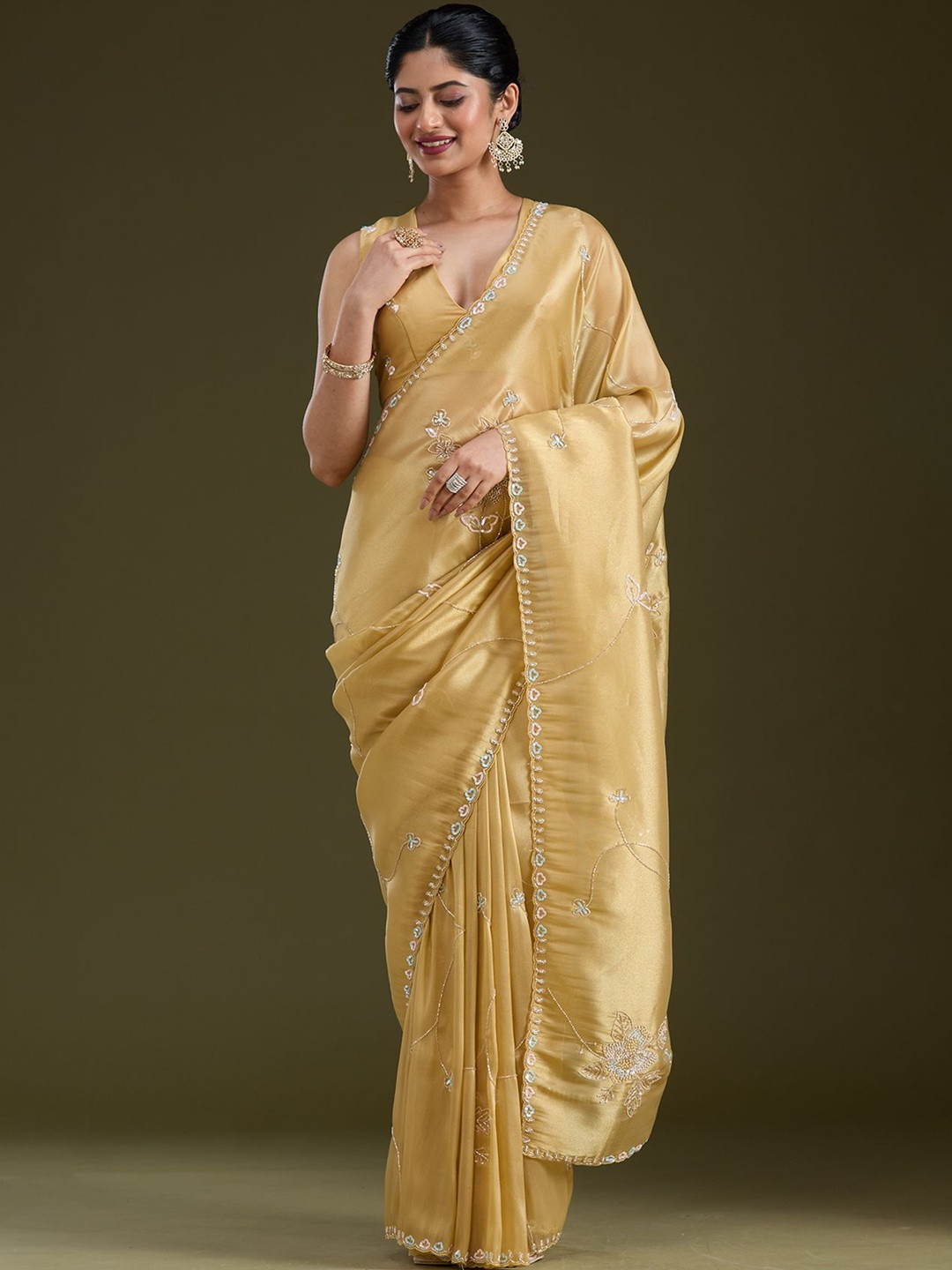 Koskii Gold Aariwork Tissue Saree