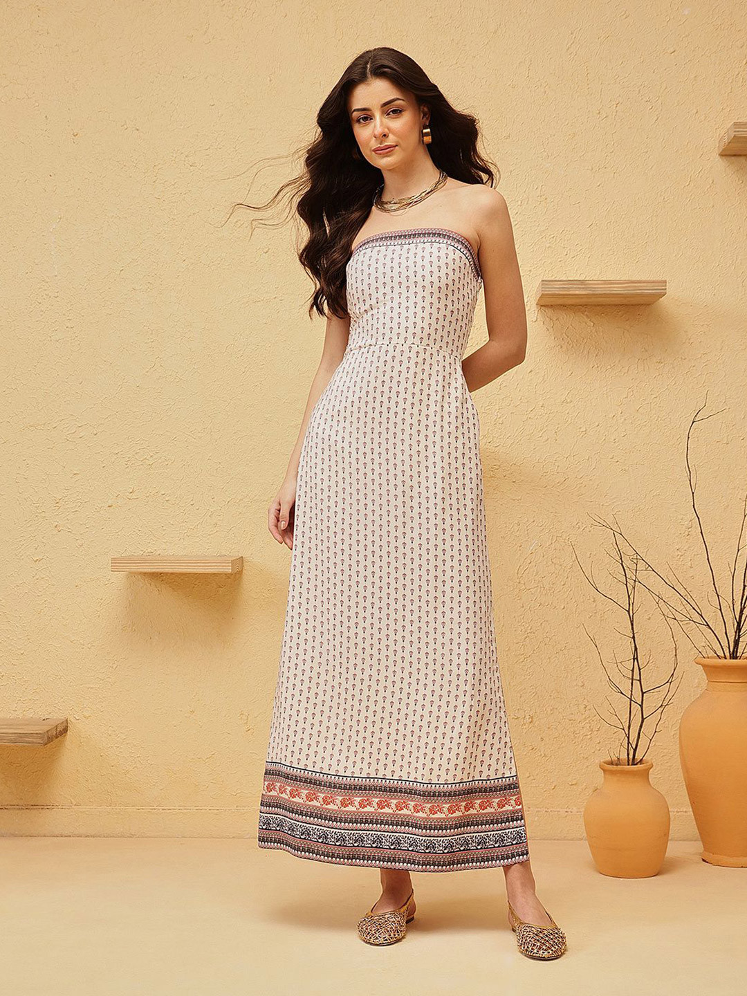 QUIERO BLUES Women Ethnic Motifs Printed Lace-Up Tube Maxi Dress