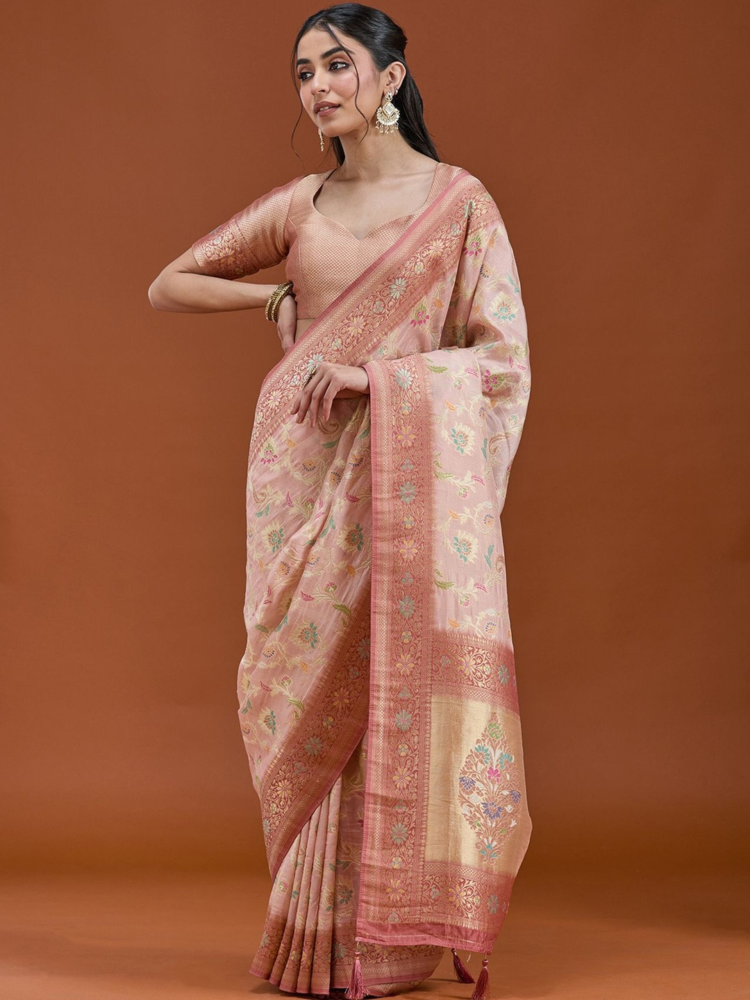 Koskii Baby Pink Ethnic Motifs Woven Design Zari Saree