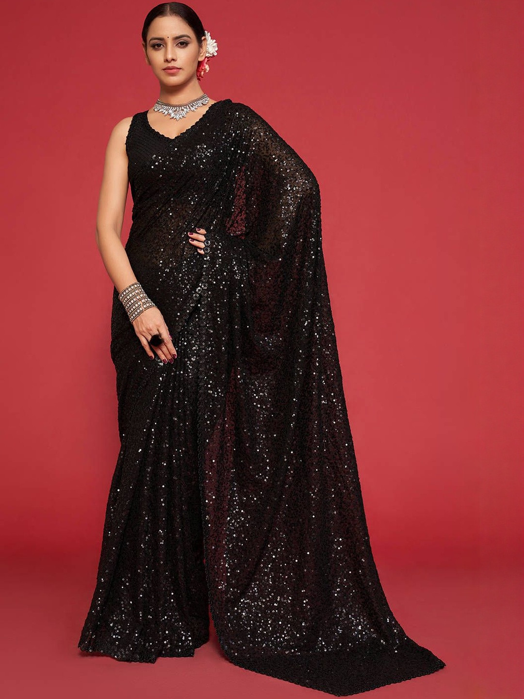 ETHNIC PLUS Embroidery Black Embellished Sequinned Pure Georgette Saree