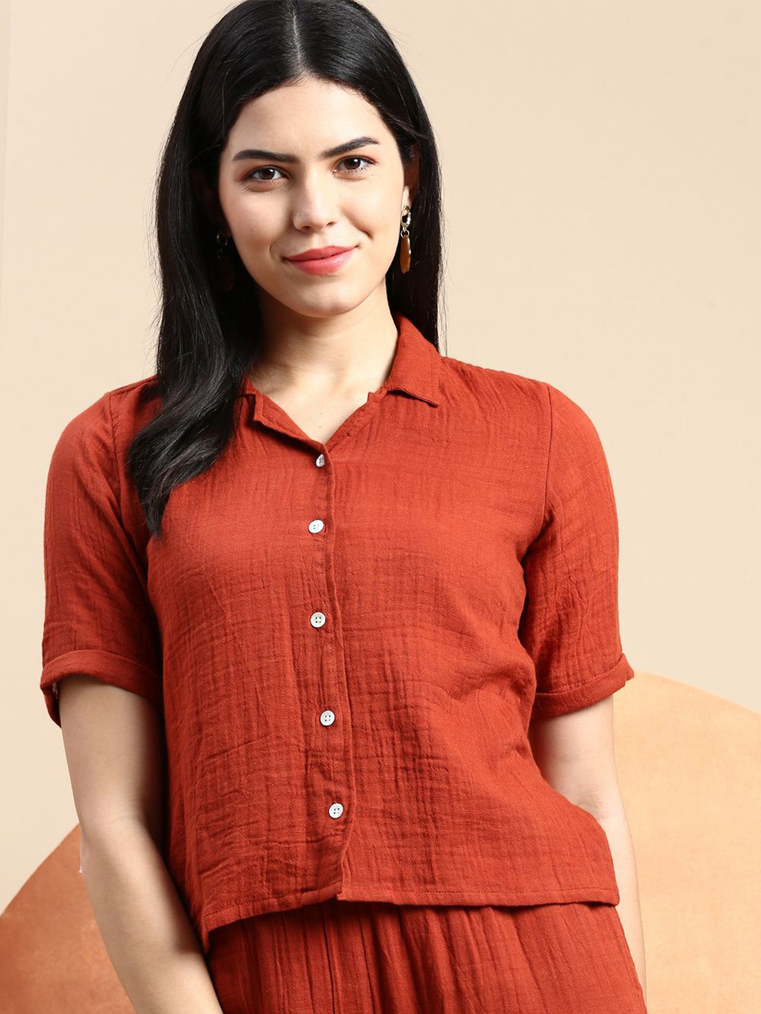 De Moza  Self Design Shirt Style Cotton Top