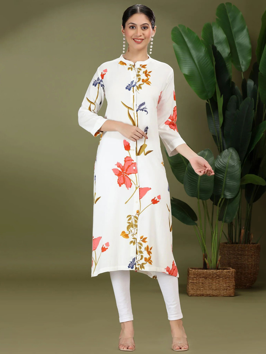 COTTON CULTURE White Rayon Printed Straight Kurta