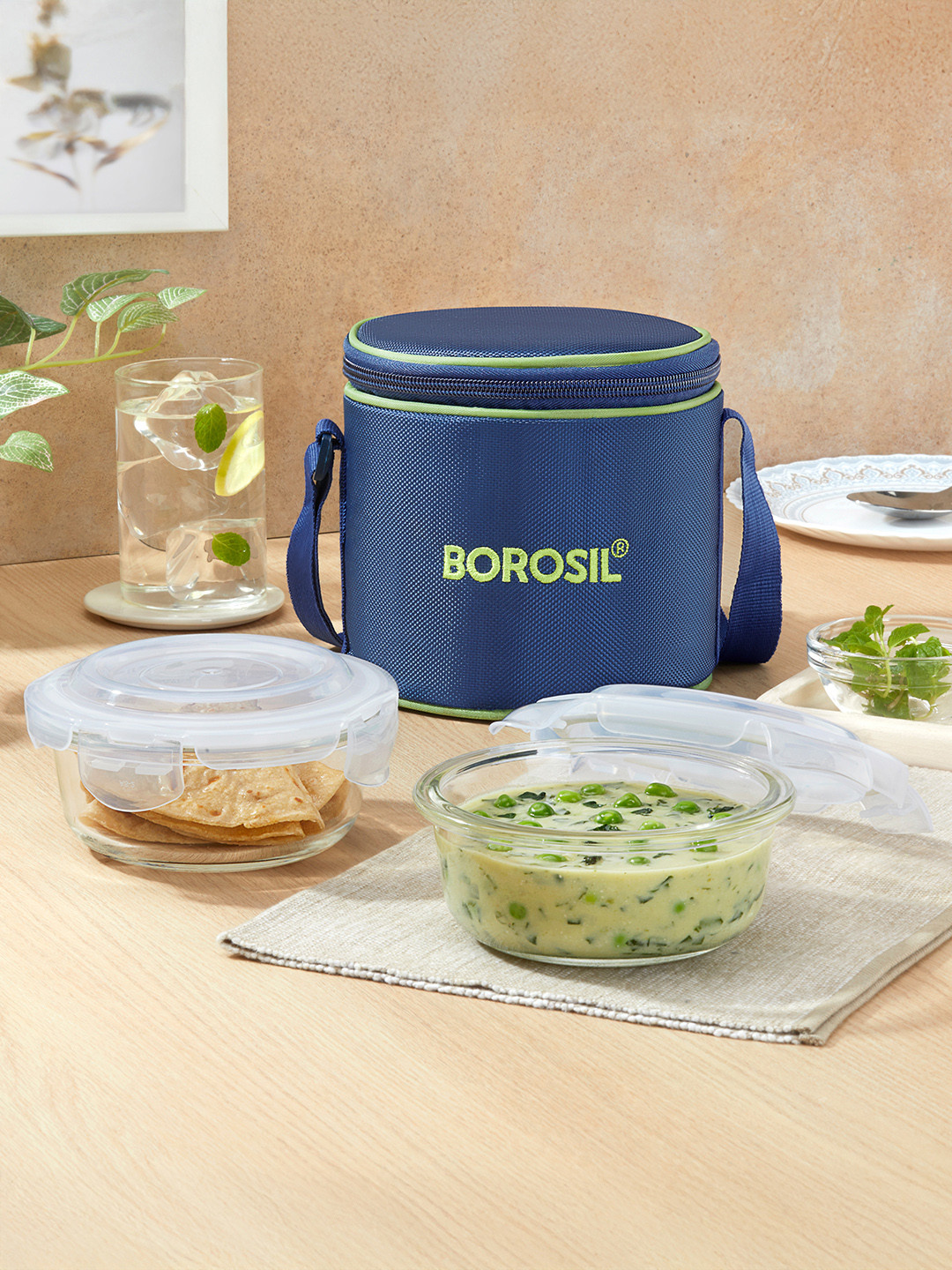BOROSIL Microwave Safe Leak proof Vertical Glass 2PCs Lunch Box With Spoon and Fork