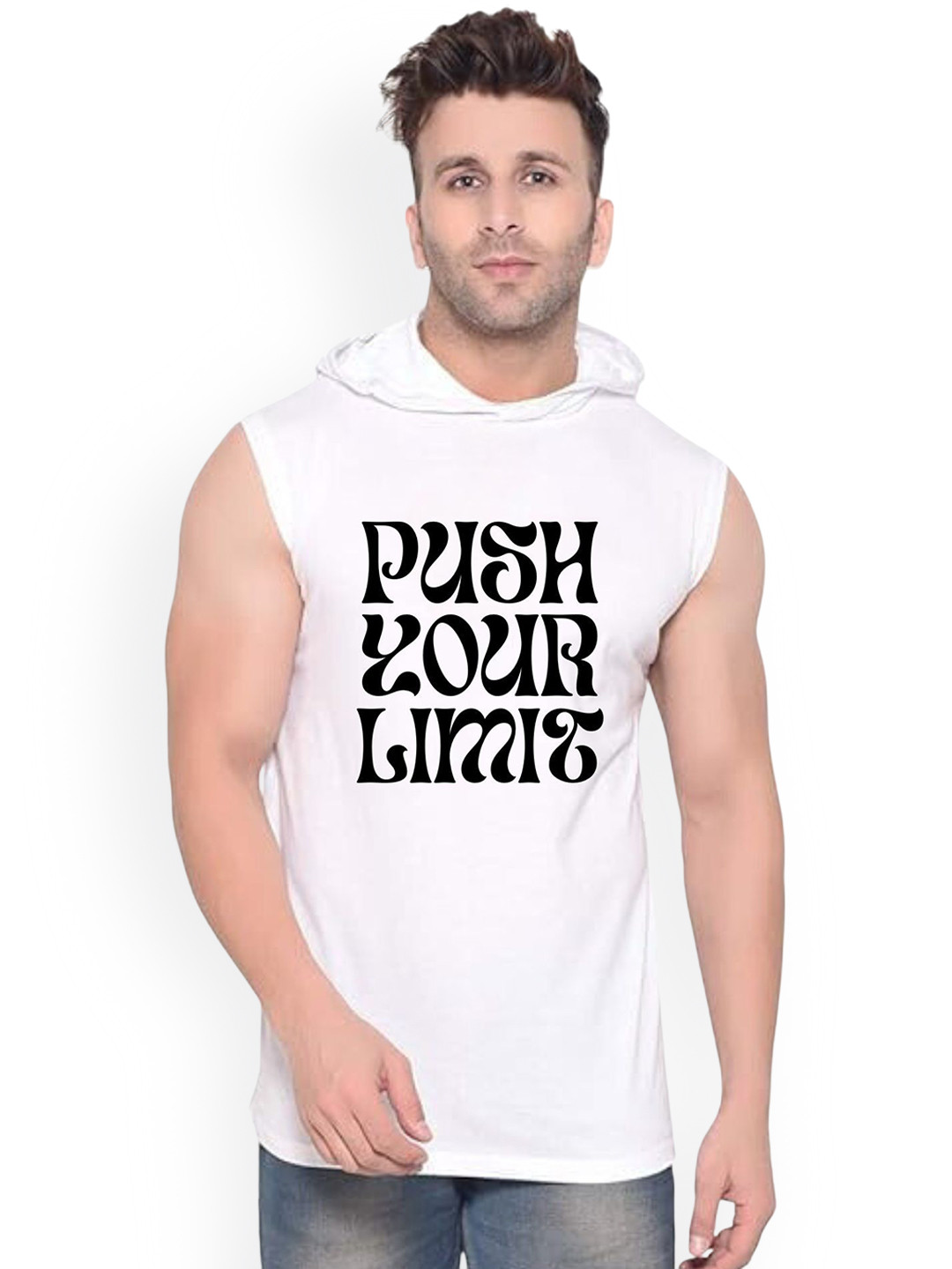 Fashnobic Men Push Your Limit Printed Hooded-Neck Gym Vests