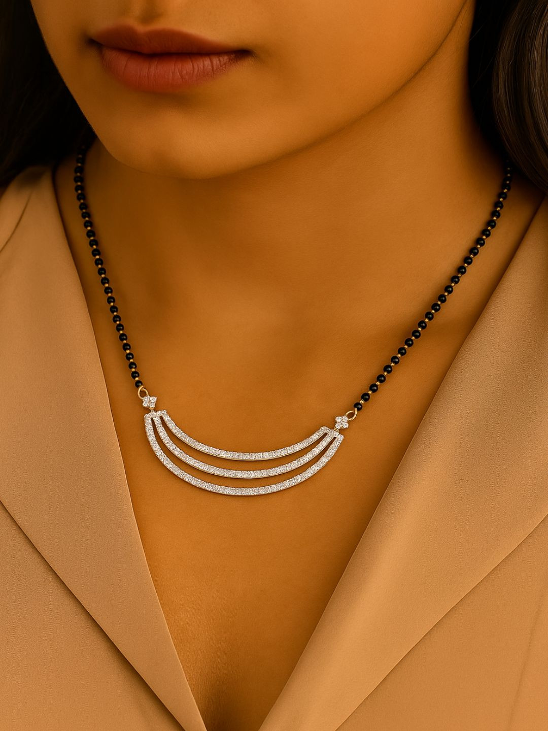 I Jewels Rhodium Plated & Black Studded Mangalsutra