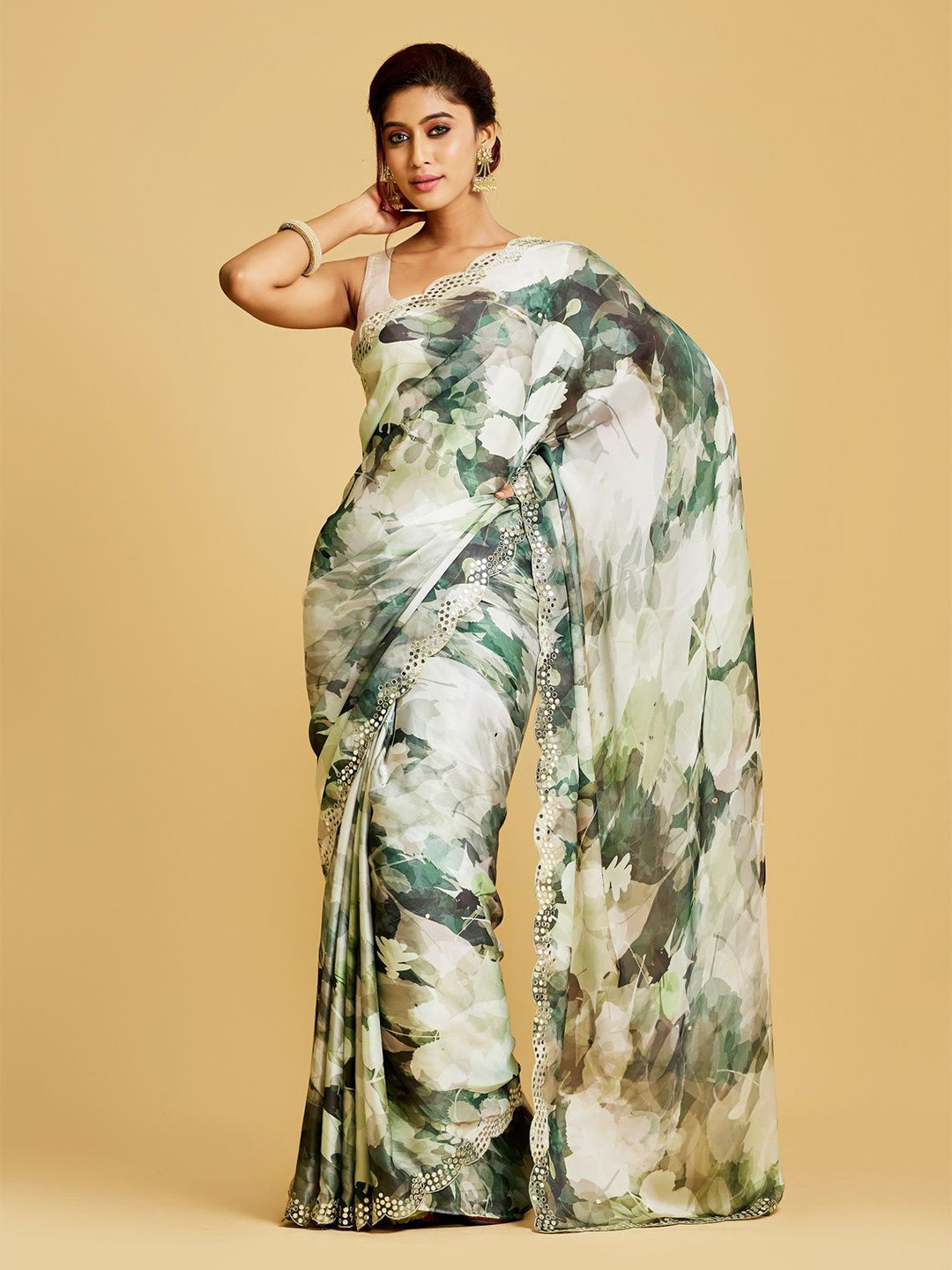Aparnaa Floral Printed Mirror Work Satin Saree