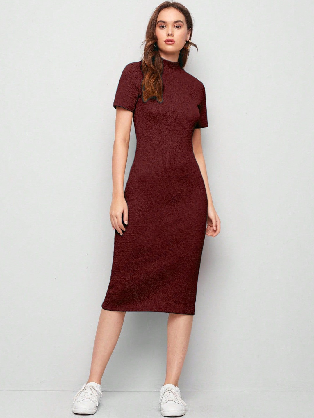 LERIYA FASHION Self Design Mock Neck Bodycon Midi Dress