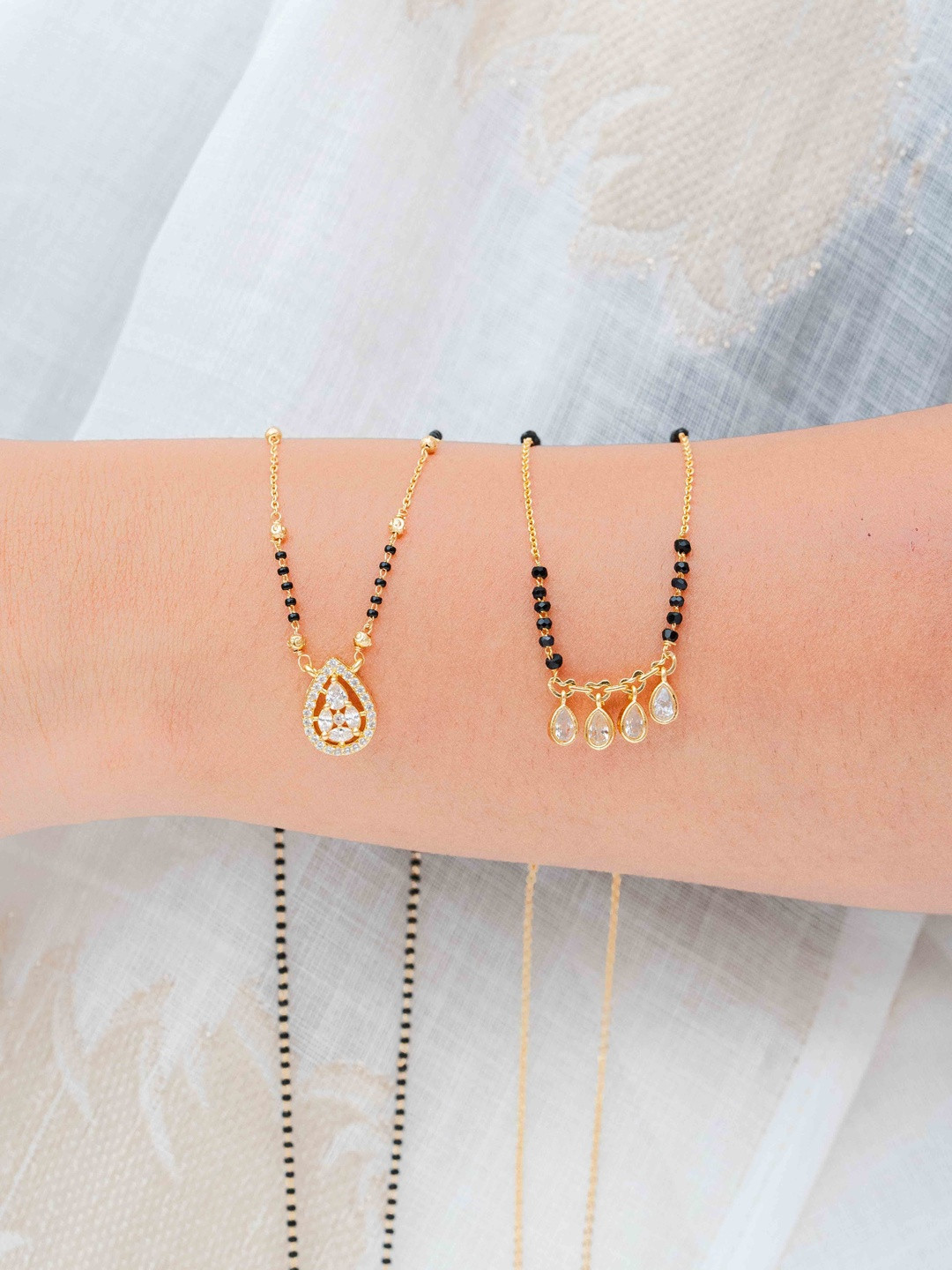Zeraki Jewels Meher And Priyanka Set Of 2 Stones Studded & Beaded Teardrop Mangalsutras