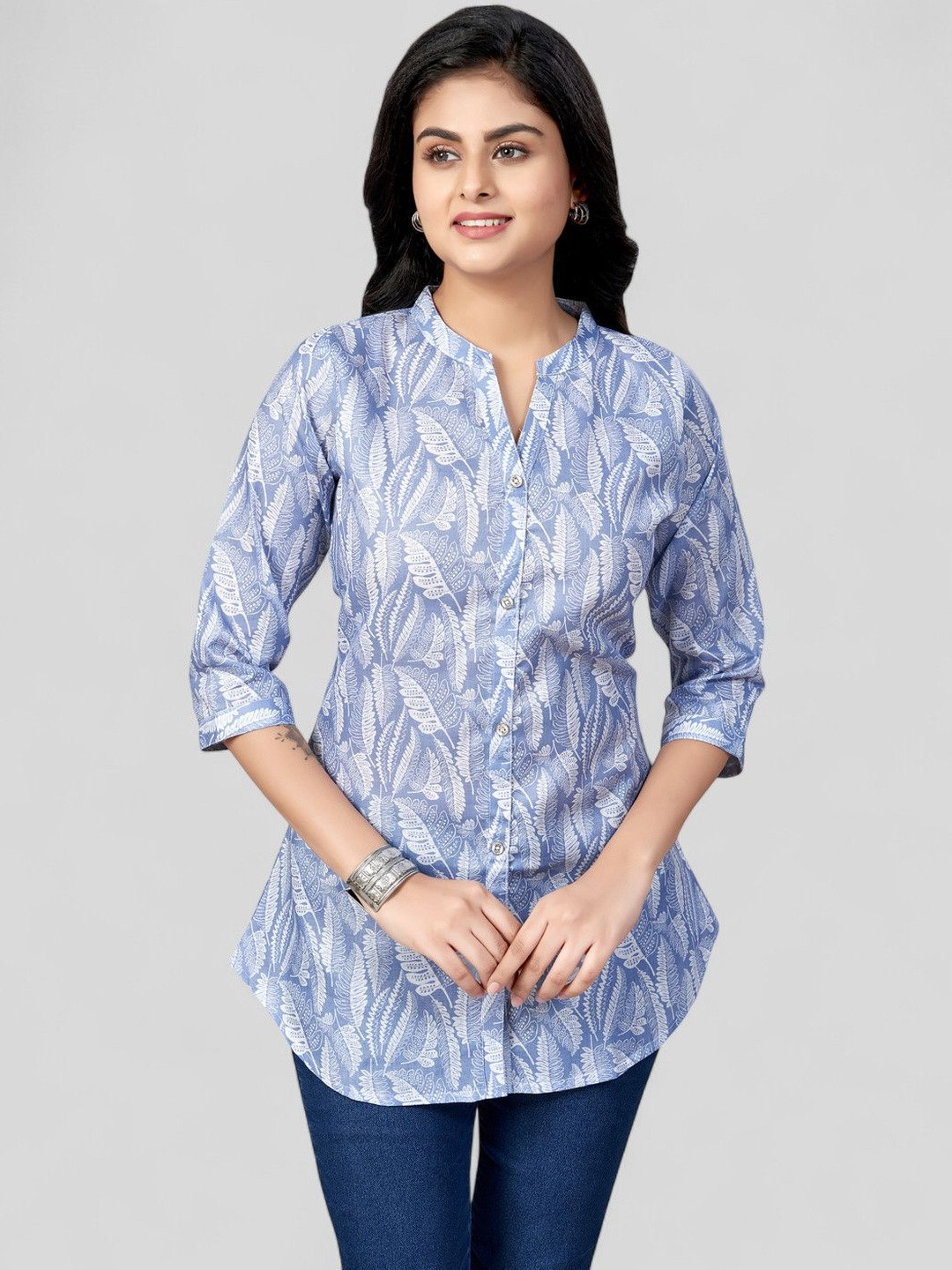 Saree Swarg Women Floral Printed Mandarin Collar Shirt Style Top