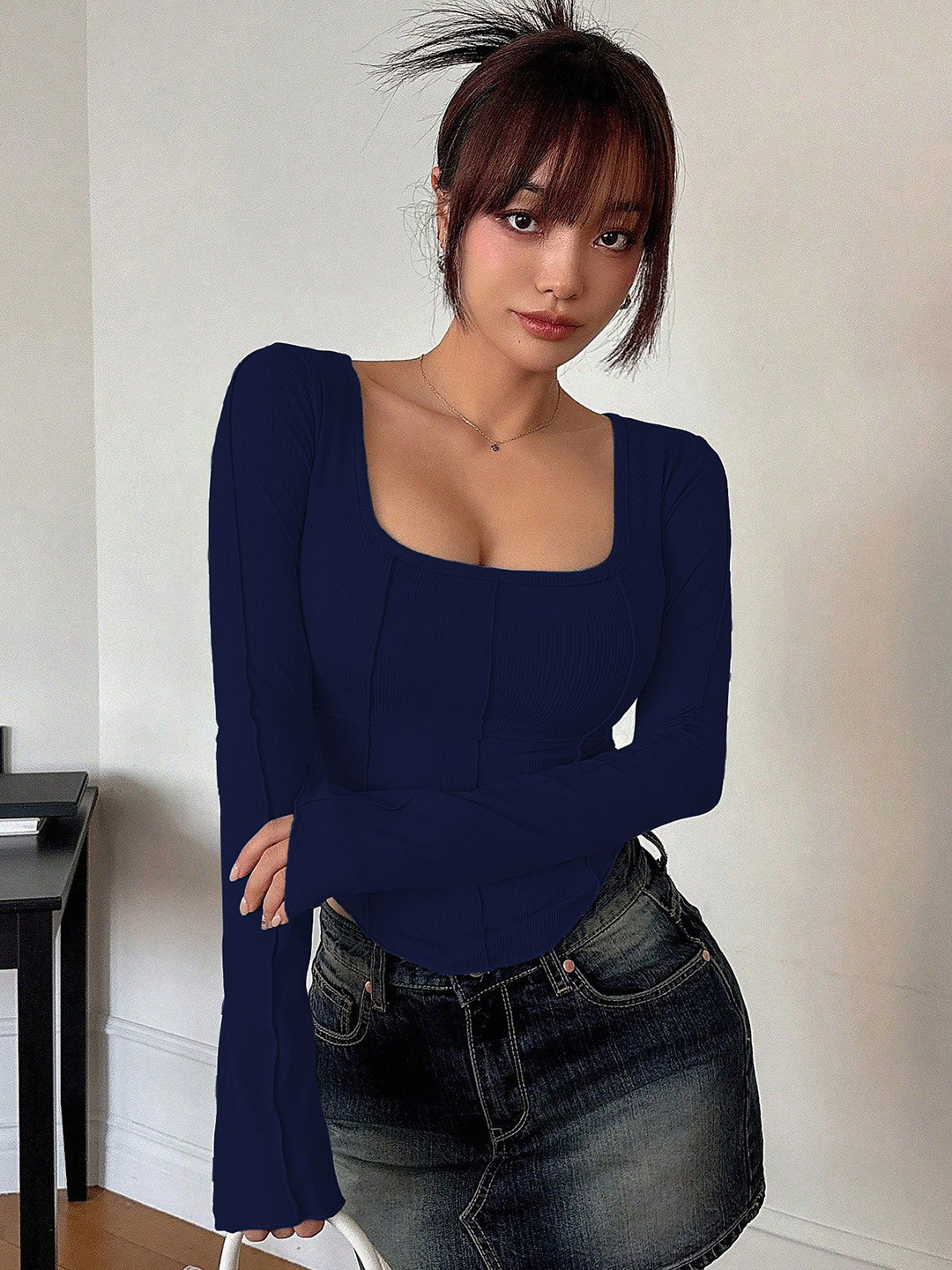 BAESD Summer-25 Women Ribbed Square Neck Long Sleeves Corset Crop Top