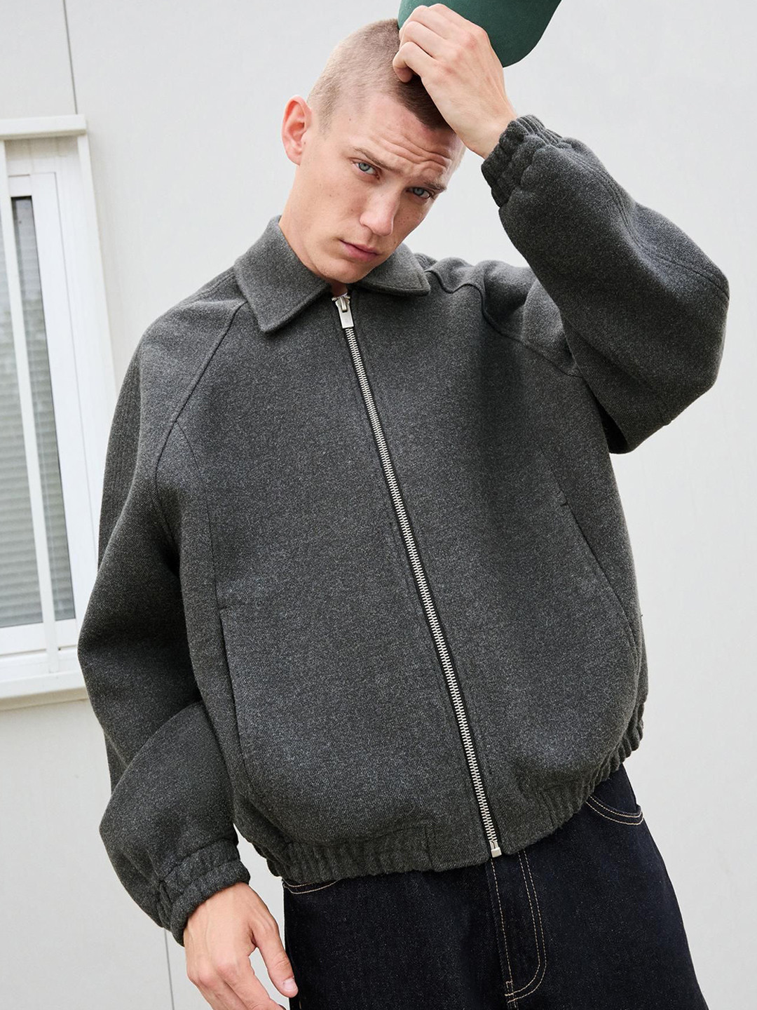 Bershka Men Self Design Spread Collar Synthetic Wool Trucker Jacket