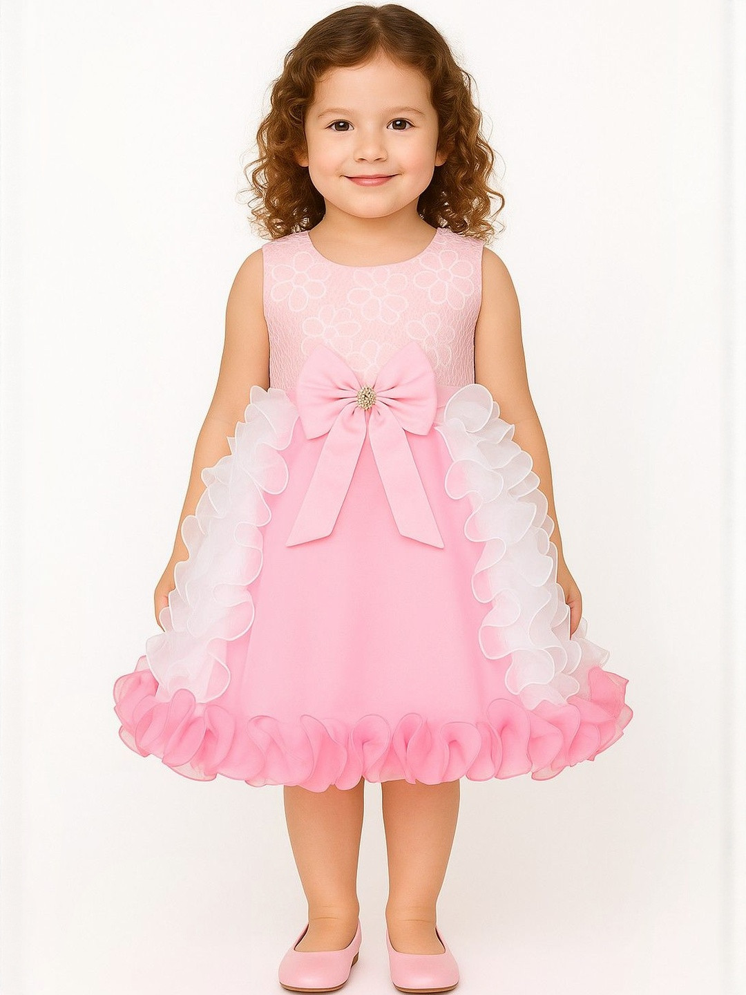 My Lil Princess Kids Girls Pink & White Embellished Fit & Flare Dress