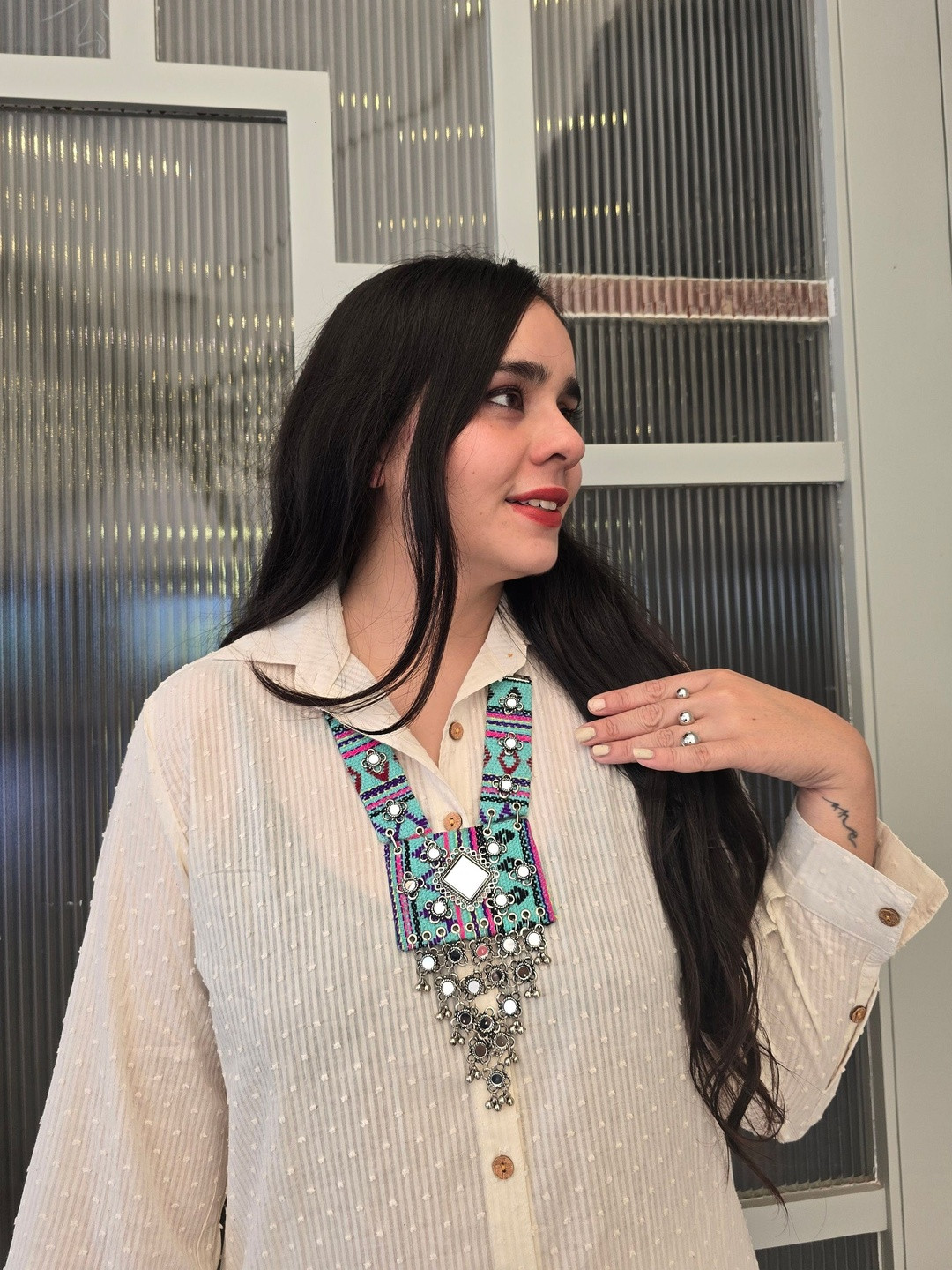 THE BLING GIRLL Ghungroo Beaded Mirror Statement Necklace