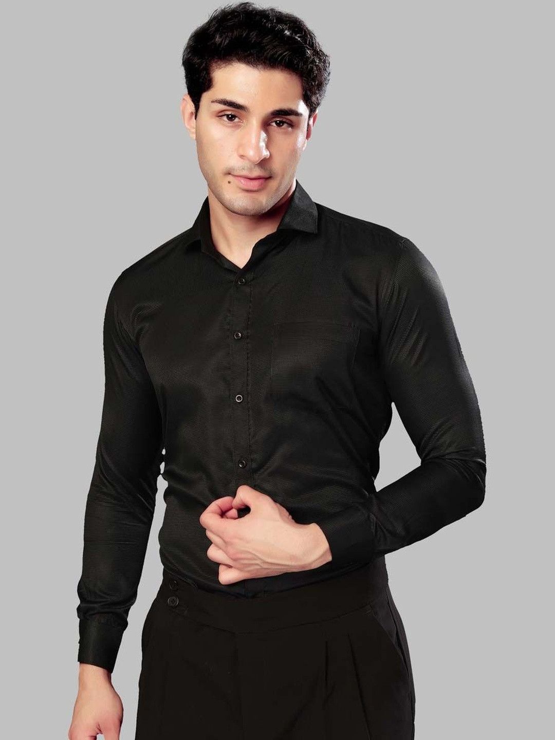 UR ETHICS Men Black Self Design Slim Fit Premium Semiformal Shirts