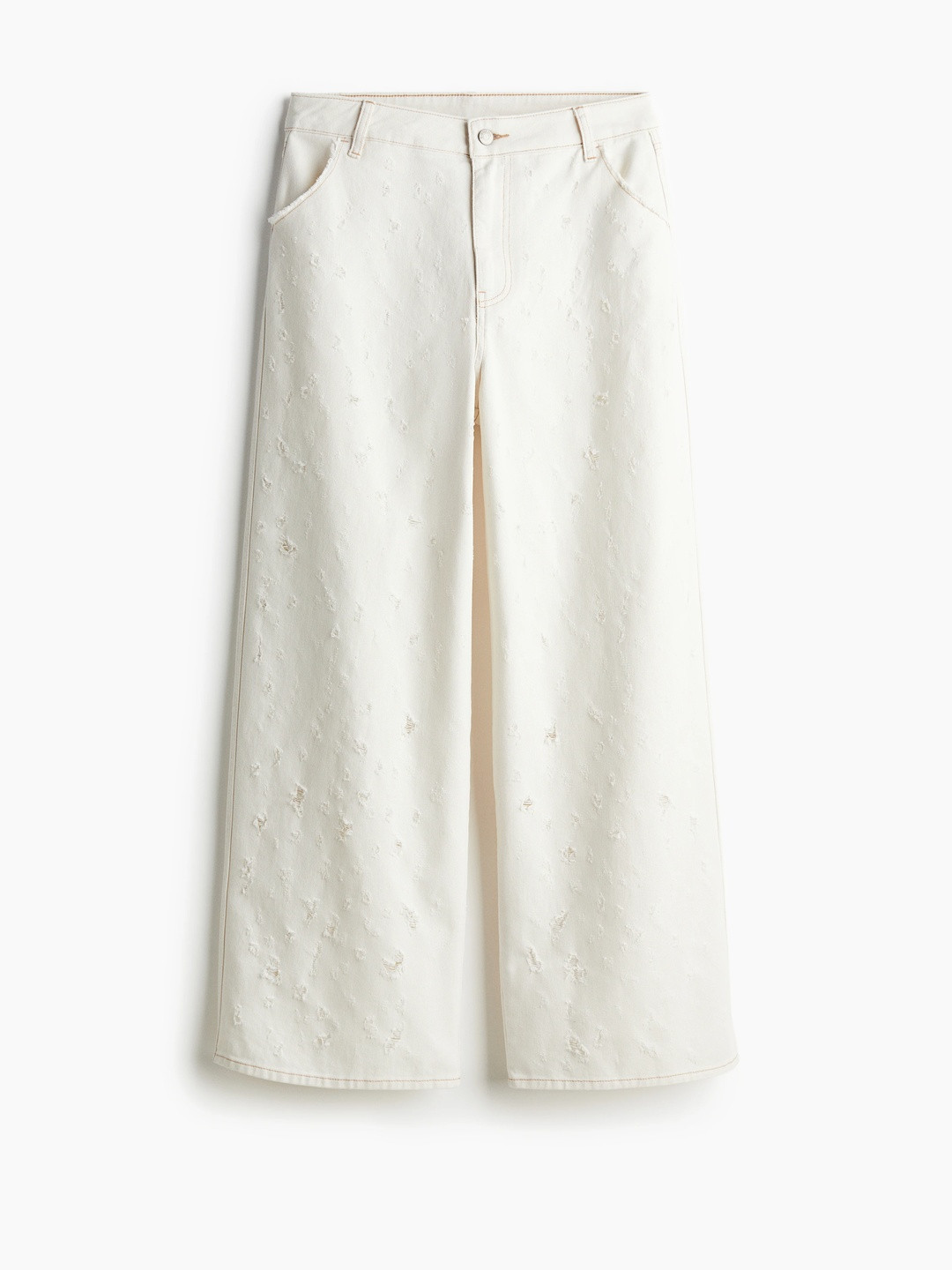 H&M Women Loose Fit Frayed-Edge Twill Pure Cotton Trousers