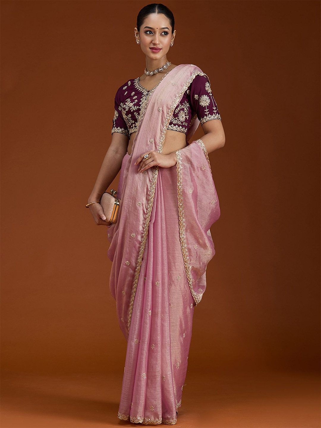 Koskii Onion Pink Cording Tissue Saree