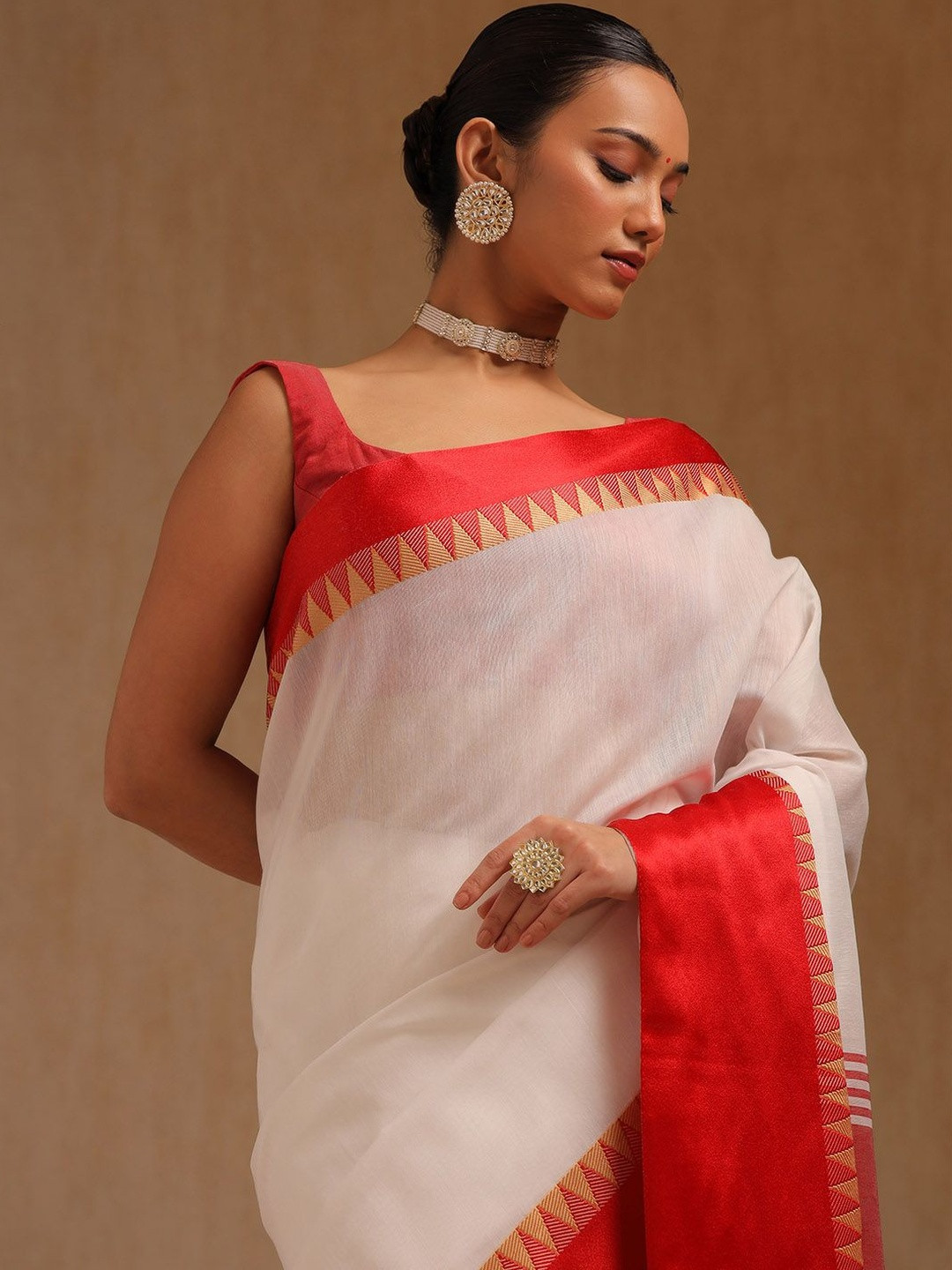 Soch Women Colourblocked Zari Detailed Tasseled Saree With Blouse Piece