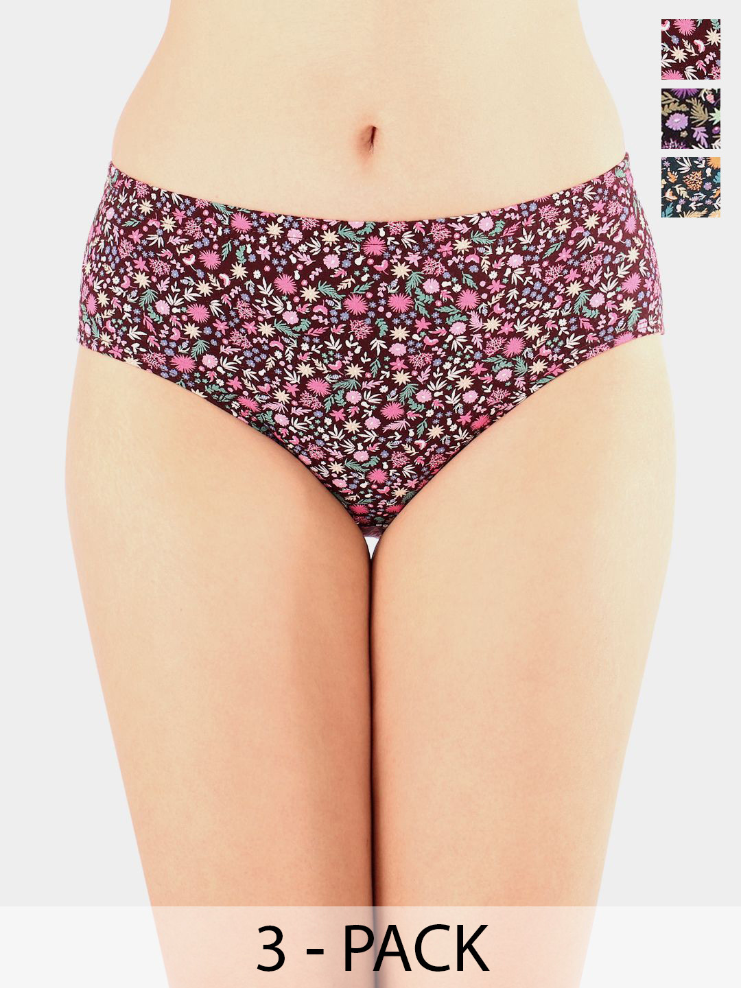 Bodycare Pack Of 3 Premium Assorted Floral-Printed Cotton Mid-Rise Basic Briefs - 5428