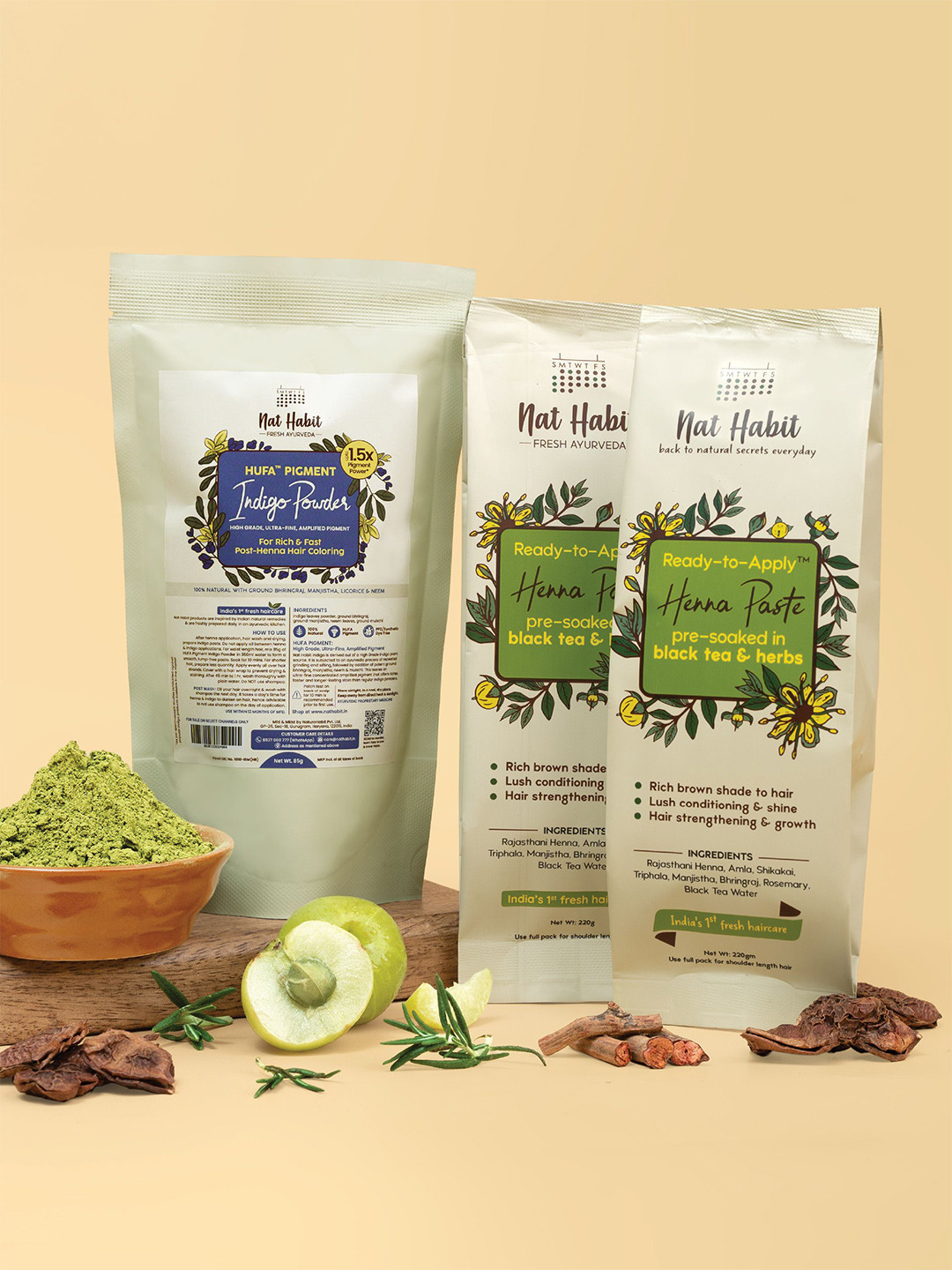 Nat Habit Set Of 3 Pigment Indigo Powder- 85 g & Heena Powder- 220 g Each