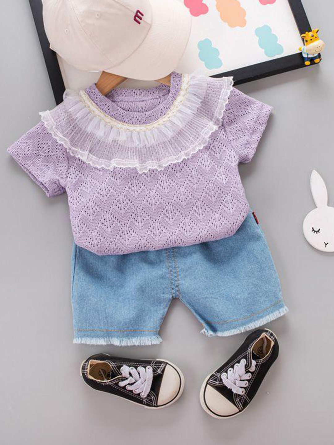POP STREET KIDS Girls Woven Design Round Neck Short Sleeves Top With Shorts