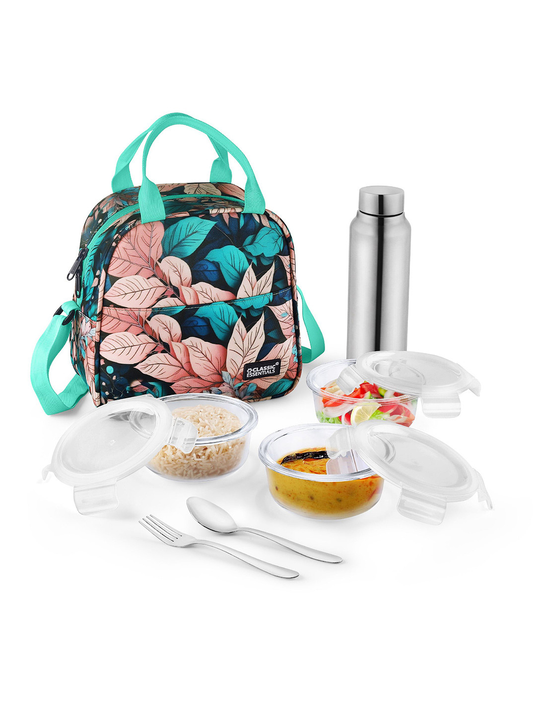 Classic Essentials Transparent Glass 3 Containers Lunch Boxes & Bag With Bottle-1.2 L