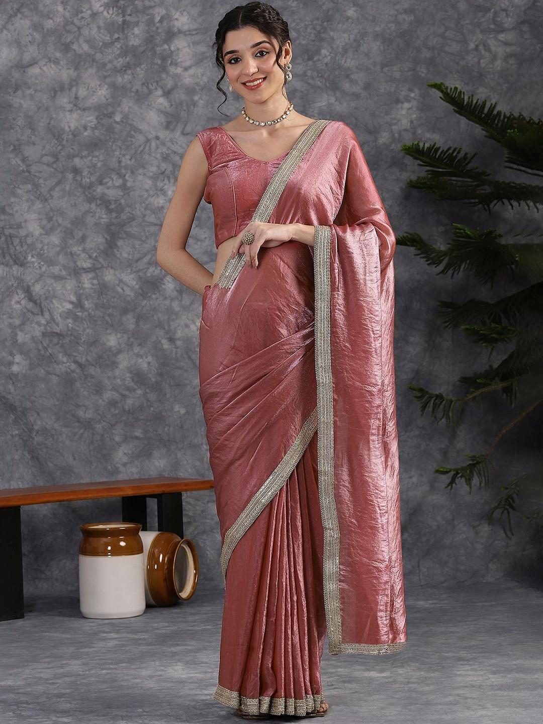 GEN Z TRENDS Embellished Sequinned Heavy Work Tissue Saree With Blouse Piece