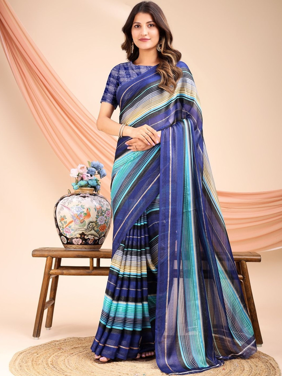 Leelavati Women Striped Printed Pure Chiffon Saree