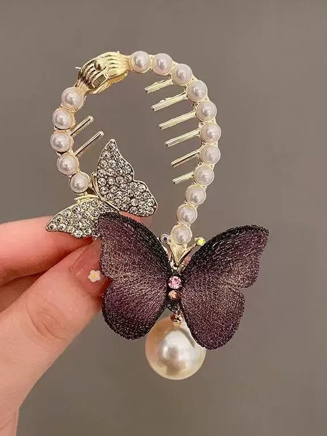 FIMBUL Butterfly Design Stones Studded & Pearls Beaded Fabric Claw Clip