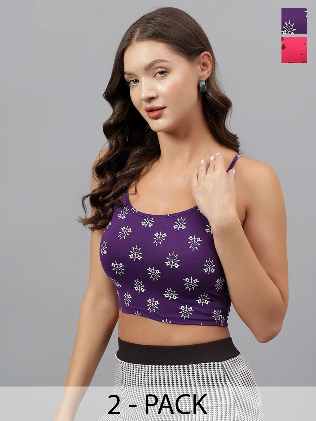 DIAZ Women Pack Of 2 Abstract Printed Shoulder Straps Cotton Crop Cami Tops