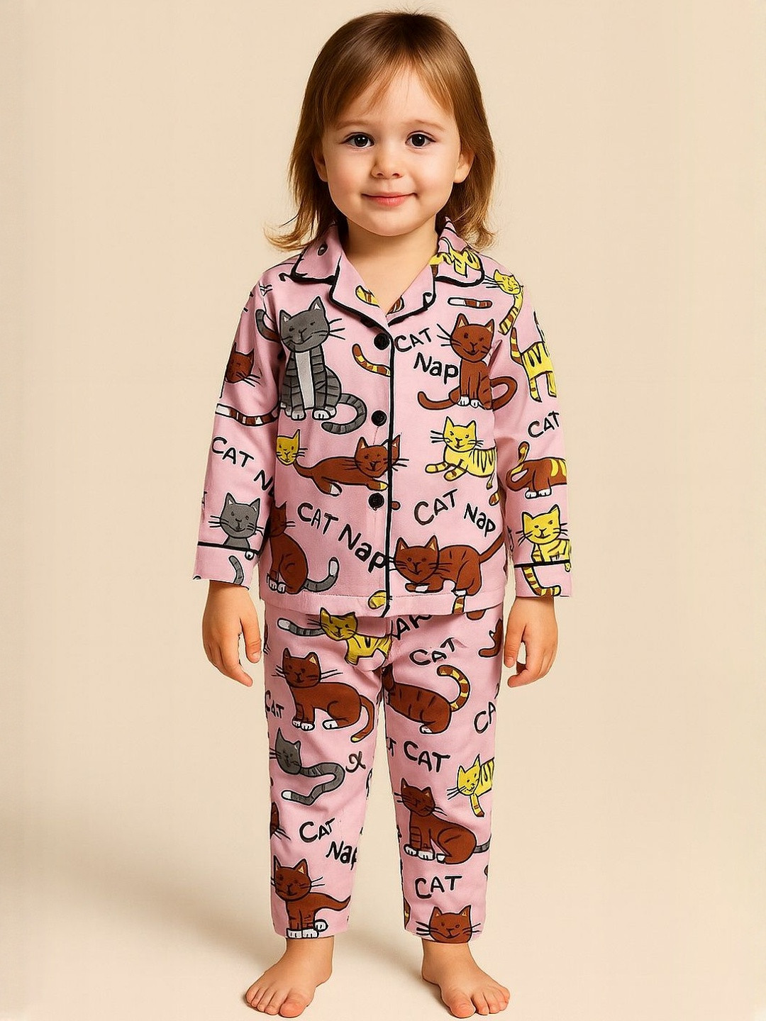 YK Girls Multicolored Cat Printed Night Suit