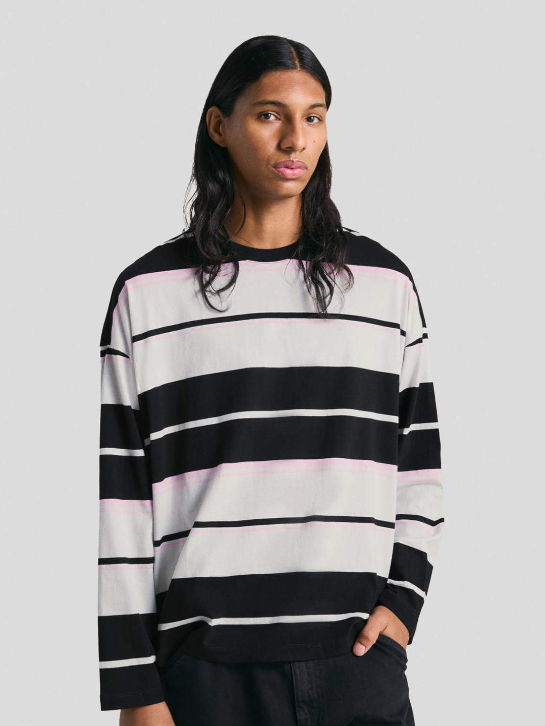 Bershka Striped Round Neck Long Sleeves Oversized Cotton T-Shirt