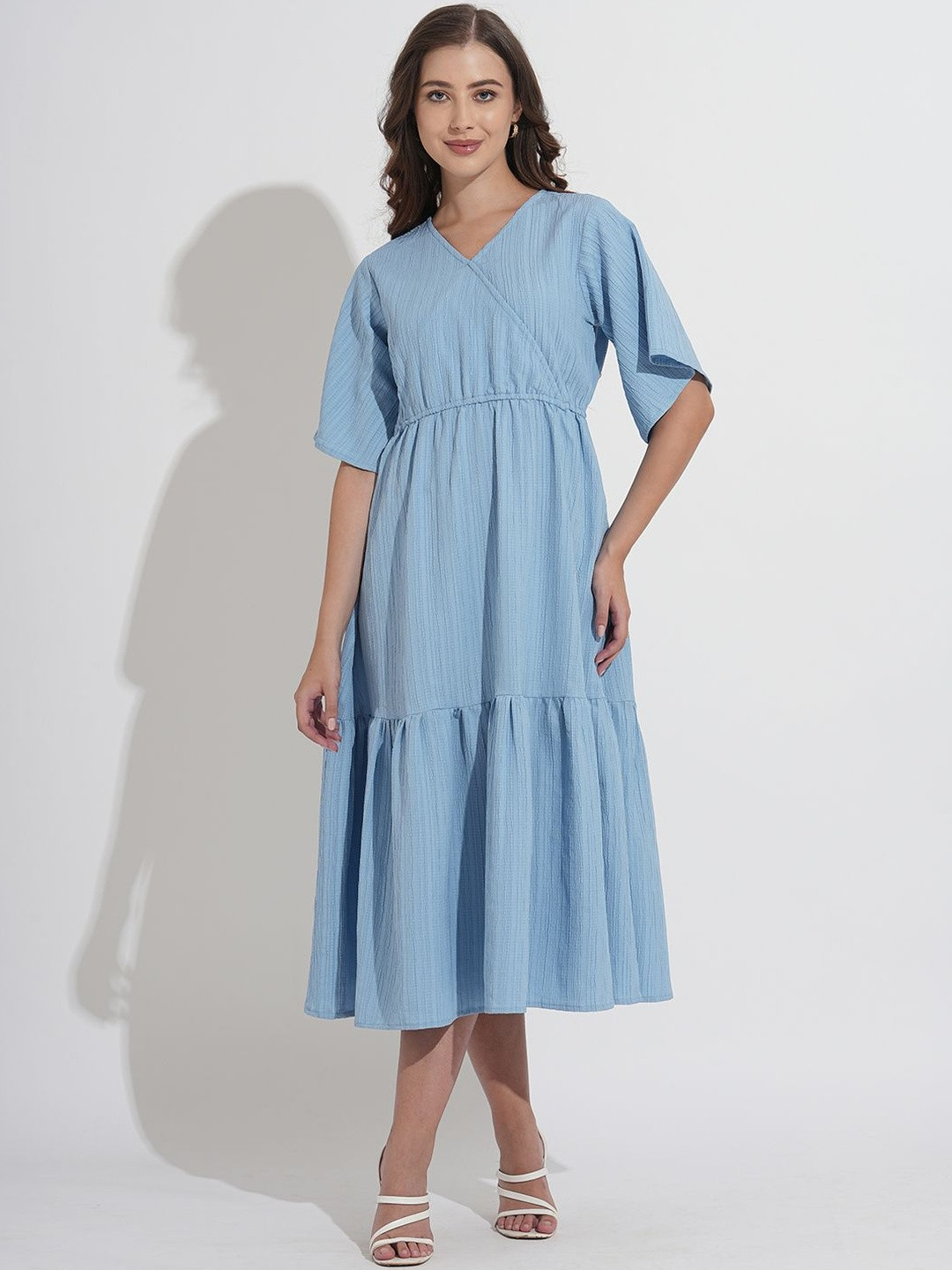 Murcia Solid Texture Midi Tiered Dress