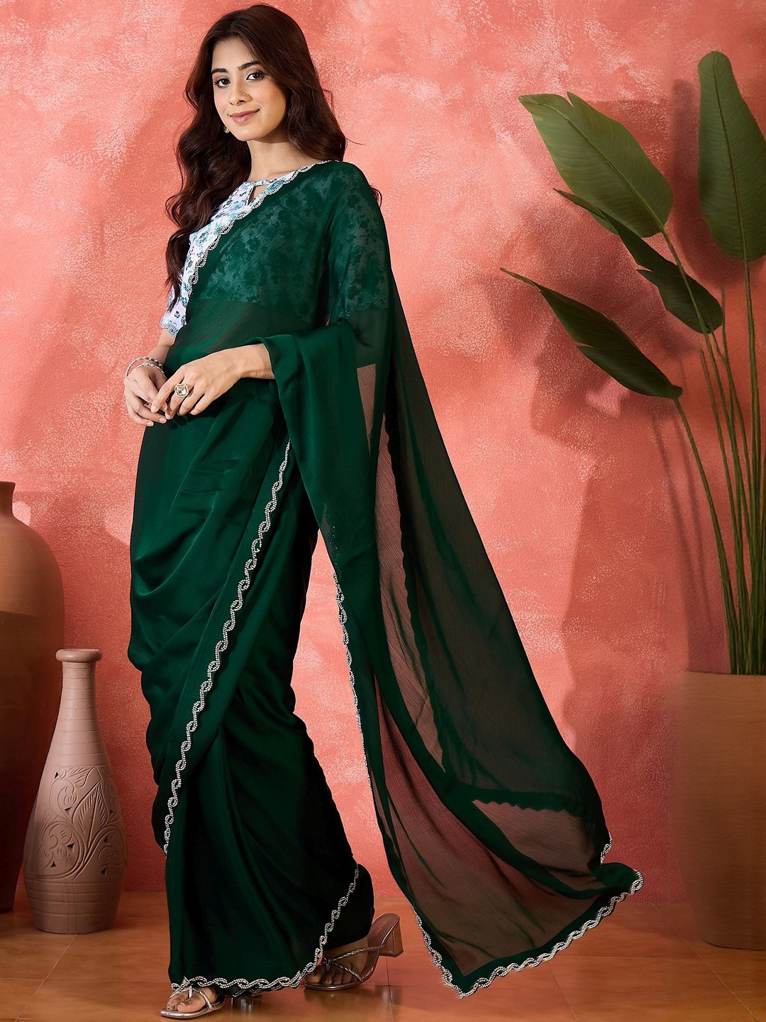 Desi Fusion Embellished Border Pure Chiffon Saree