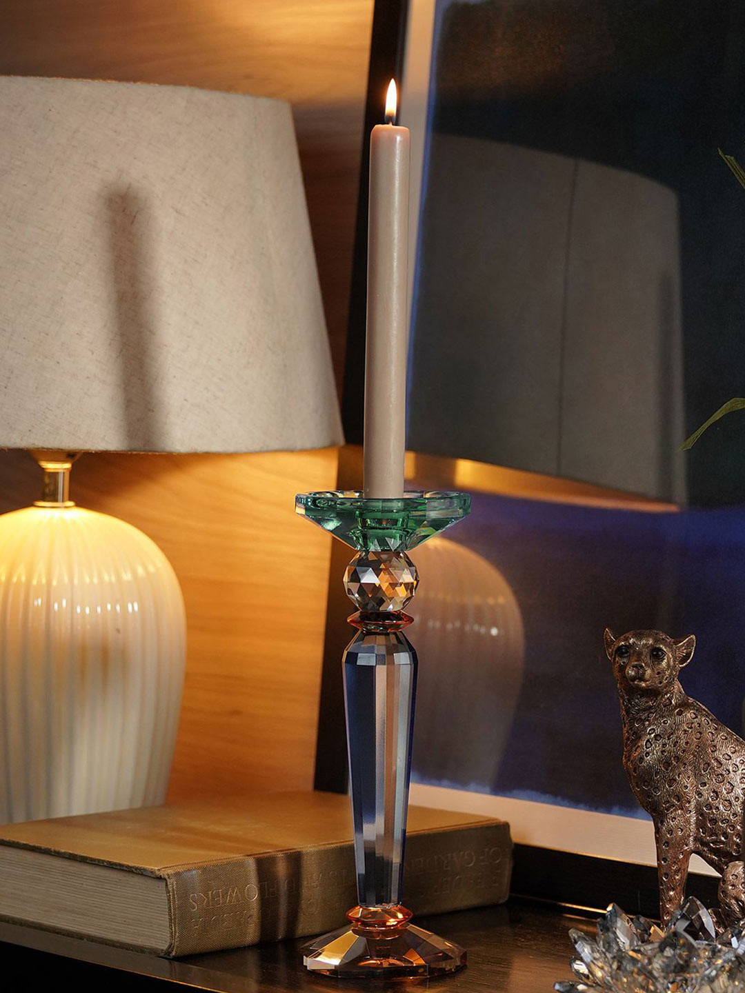 Pure Home and Living Yellow & Blue 3 Tone Cut Glass Tall Candle Holder