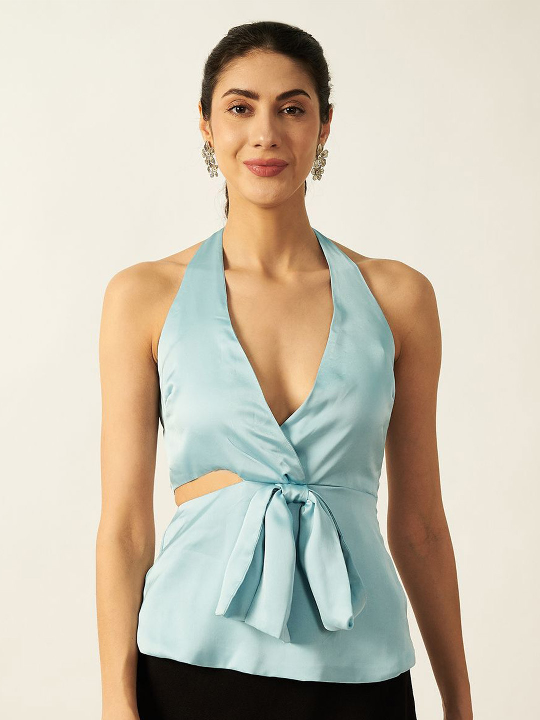 House of Sal Women Blue Halter Neck Satin Top