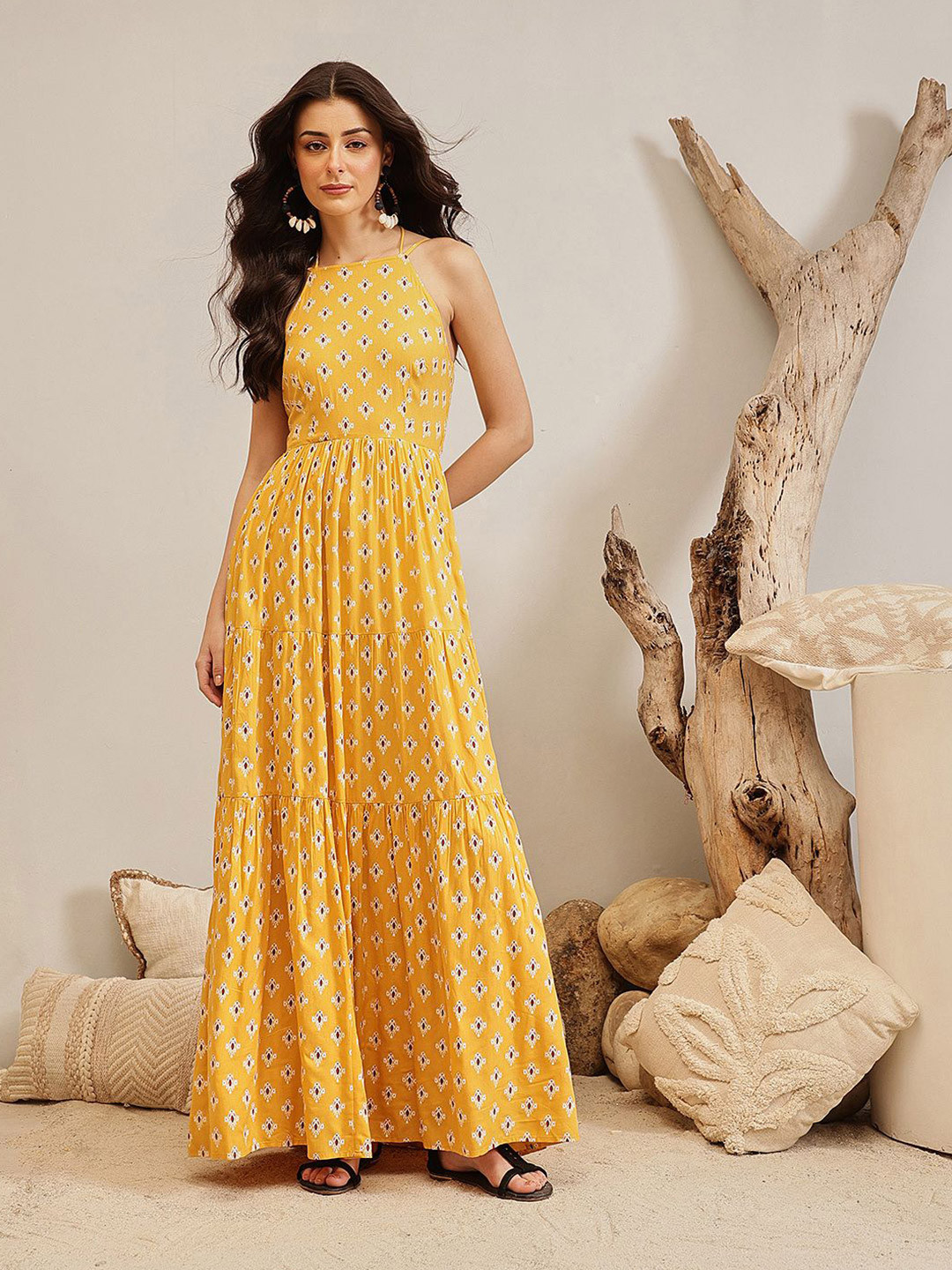 QUIERO BLUES VEENA Women Ethnic Motifs Printed Halter Neck Smocked Tiered Maxi Dress