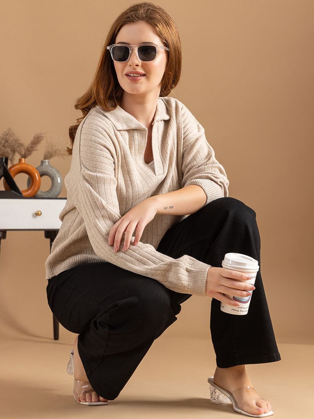 Roadster Women Cream Polo Neck Ribbed Knit Sweater