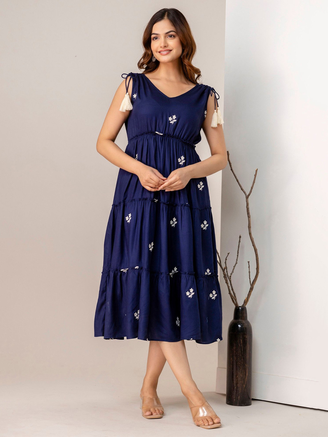 ANEEMA Women Floral Embroidered Tiered A-Line Midi Dress