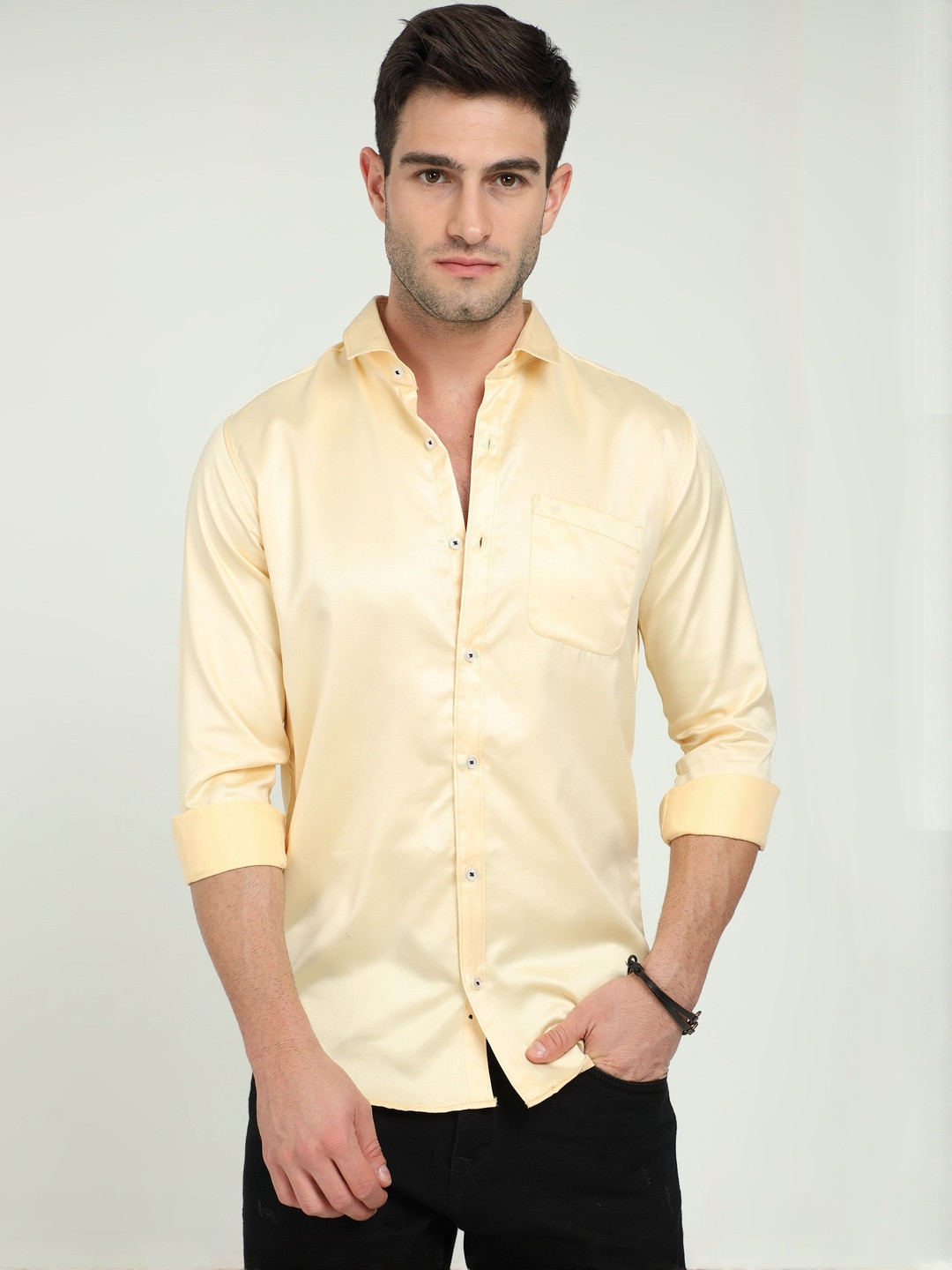 Rocket Science Men Yellow Satin Slim Fit Comfort Shirts