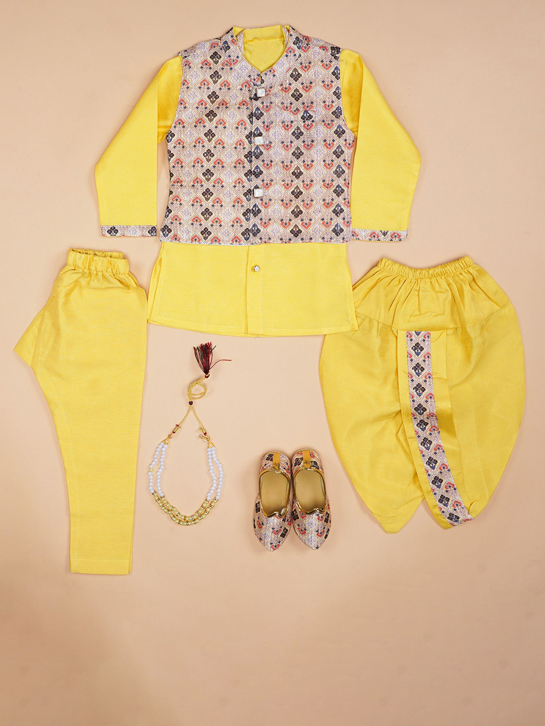 BAESD Boys Set of 6 Silk Blend Sequined Kurta Dhoti Pyjama Waistcoat Mojari & Mala