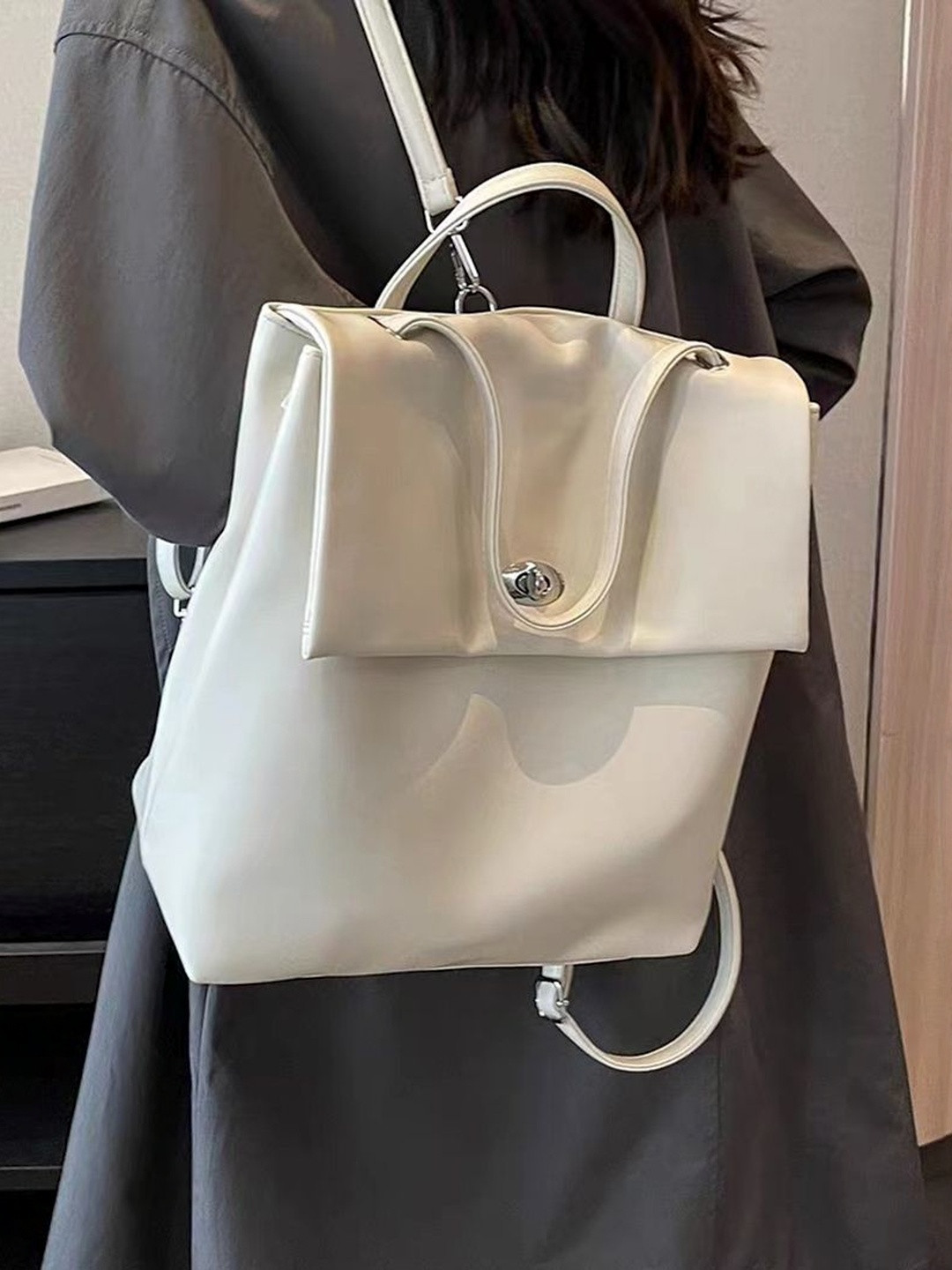 CORSICA Women Off White Large Solid Non-Padded Strap Leather Backpack