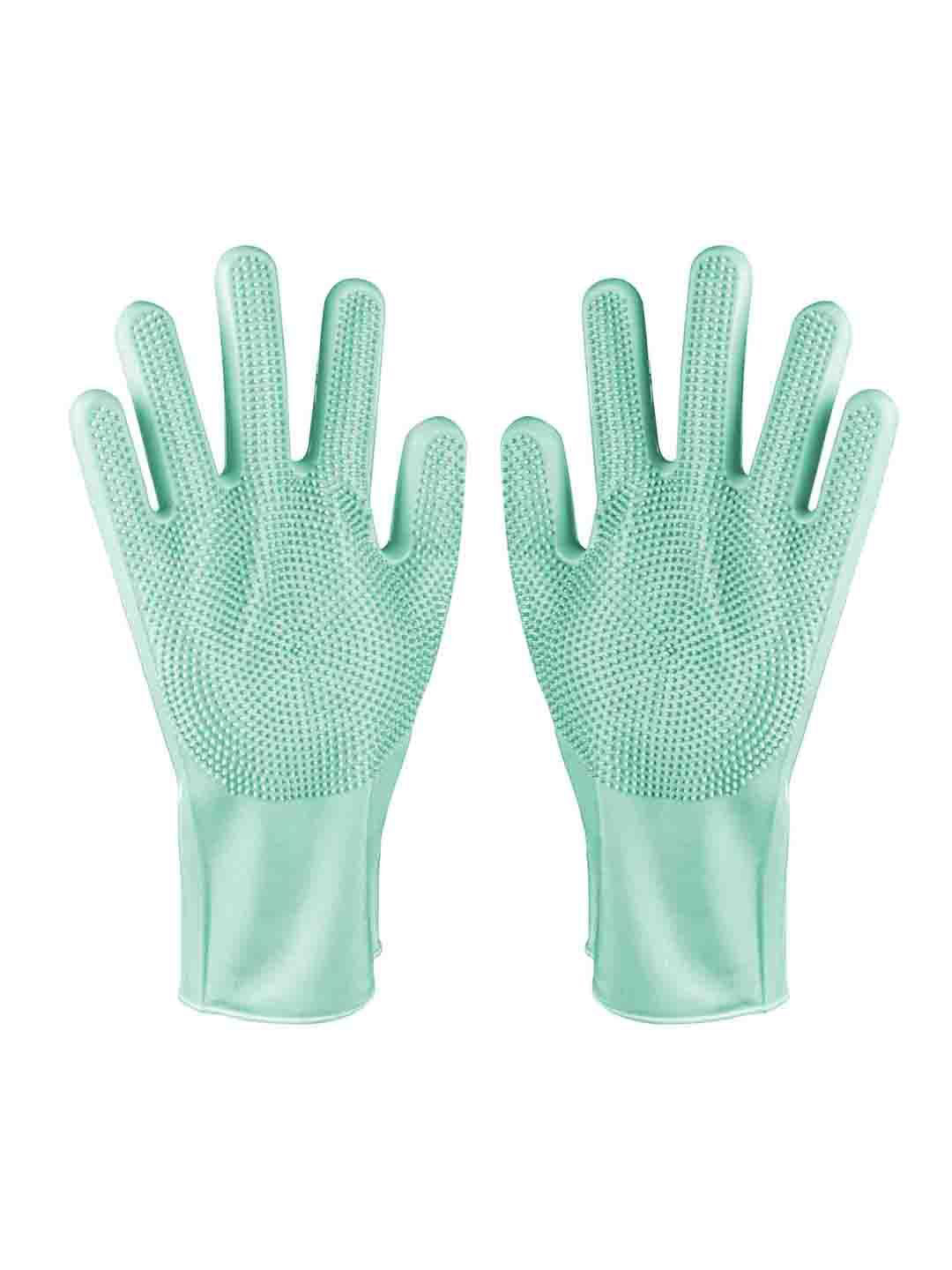 Kuber Industries Green 2 Pieces Textured Silicone Heat Resistant Dishwashing Gloves
